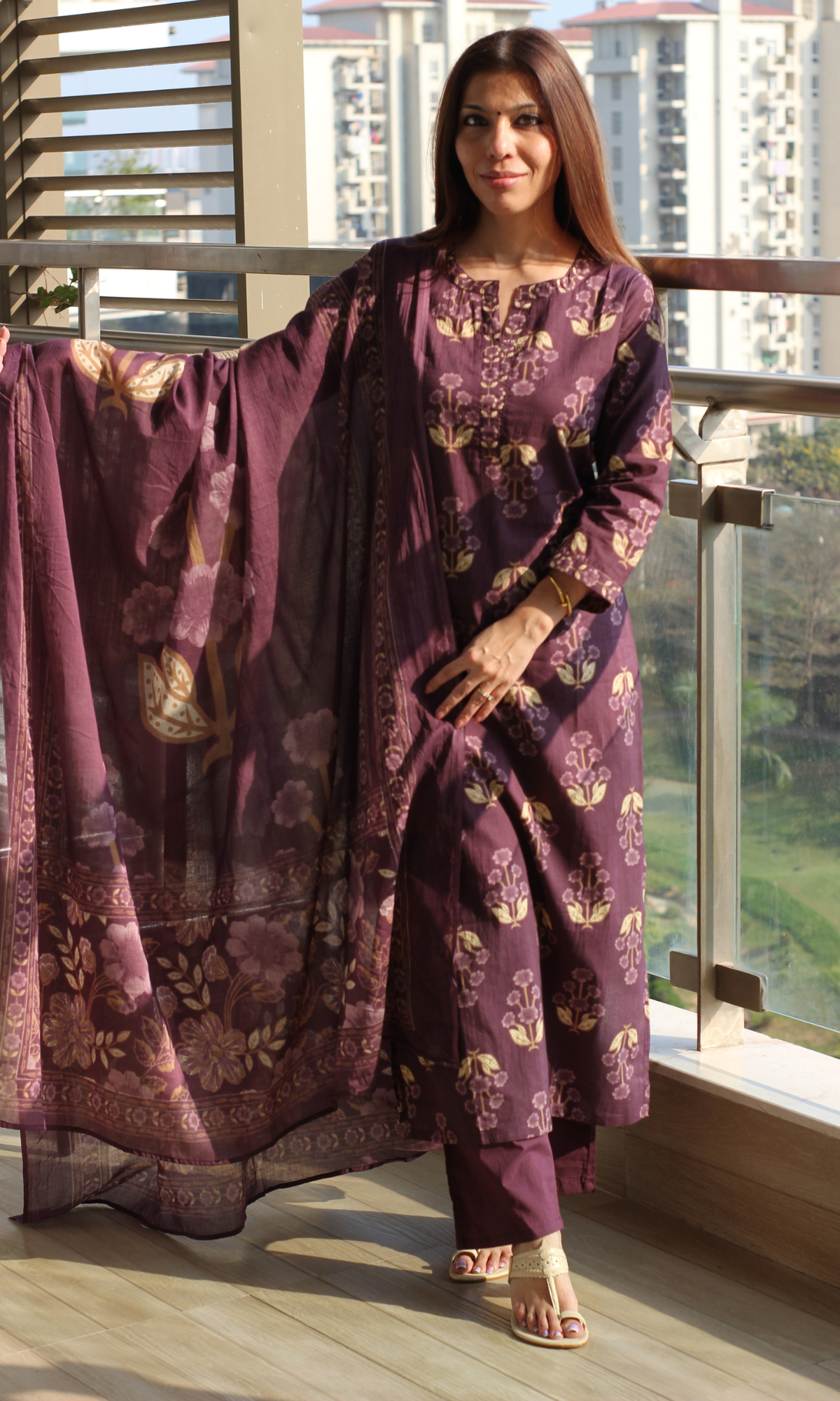 Muted Purple Mughal Gulistan Kurta, Dupatta & Cotton Pants