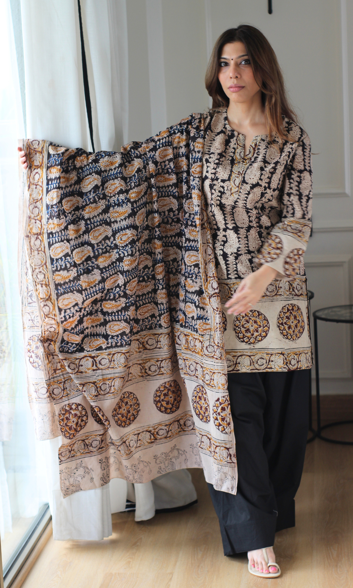 Black Paisley Handblock Kalamkari Kurta , Dupatta & Cotton Farshi Salwaar