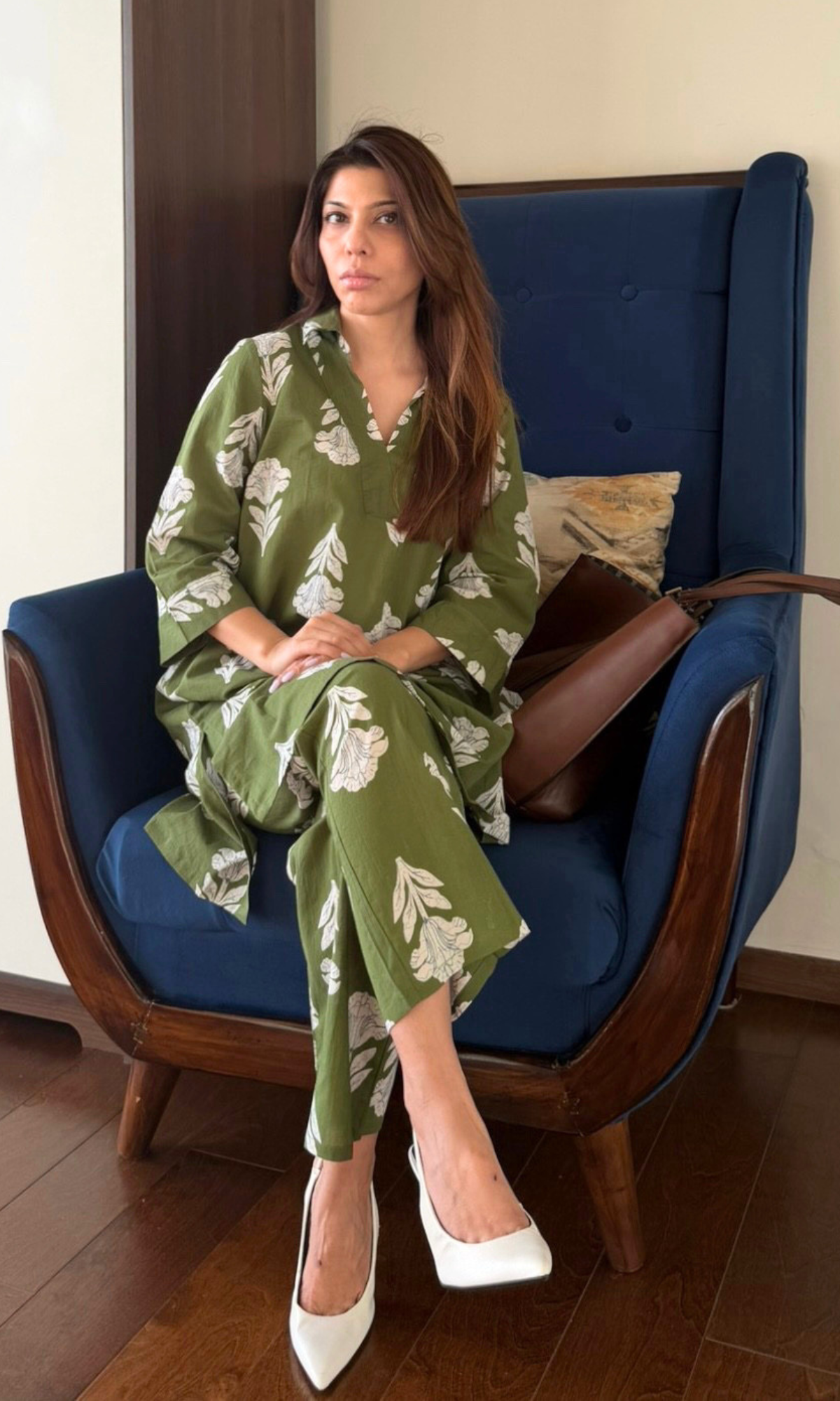 Cotton Green Olive Floral Collared Co-ord