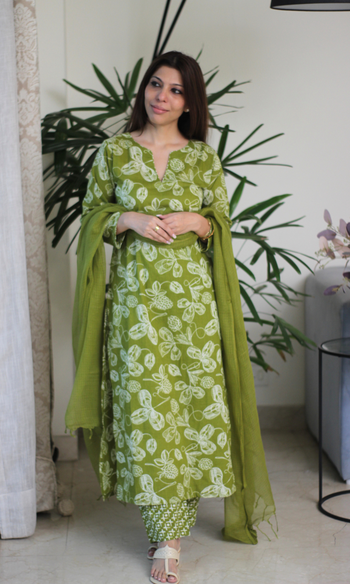 Sage Green Printed Kurta, Pant & Kota Doria Dupatta