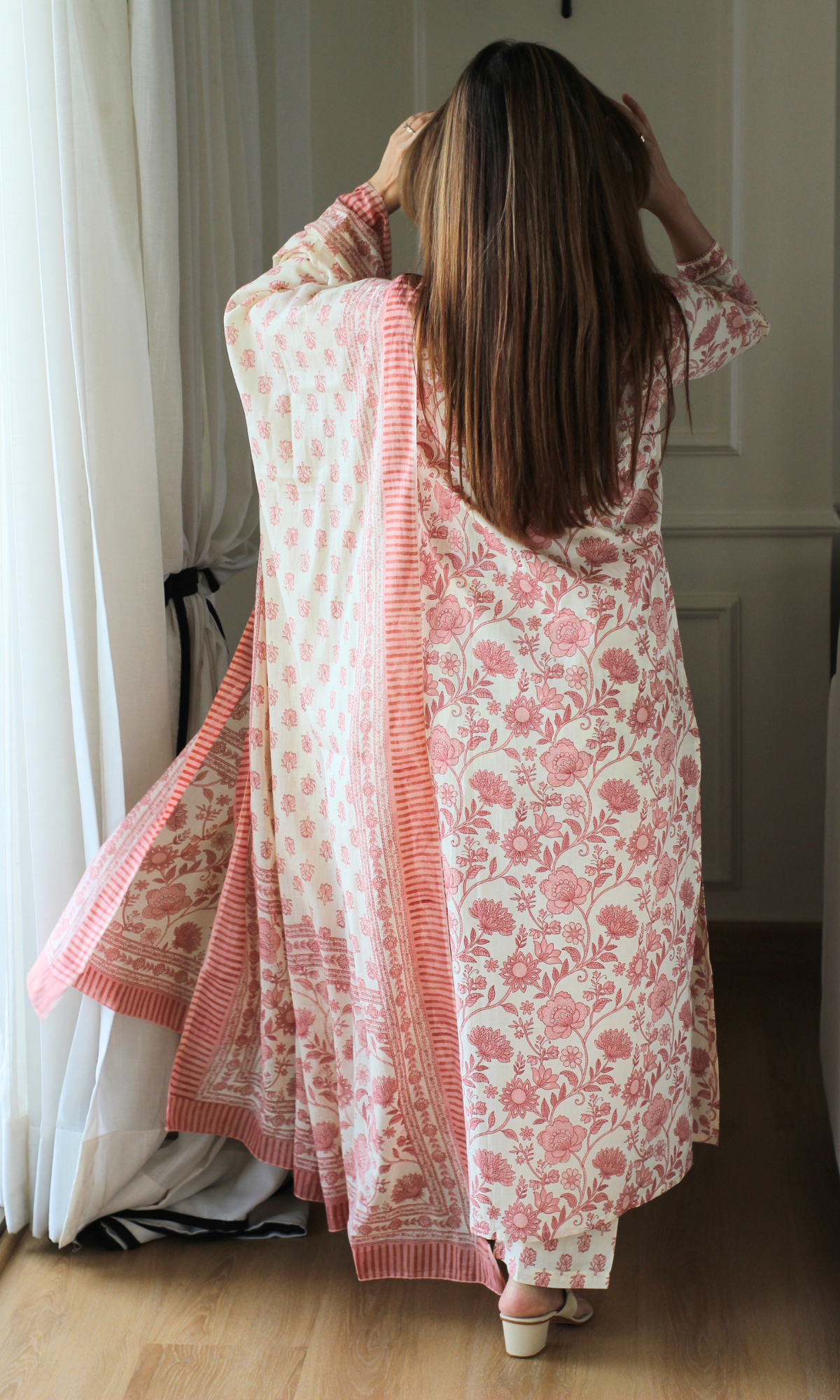 Apricot Garden Block Print Cotton Kurta, Pant and Mul Printed Dupatta