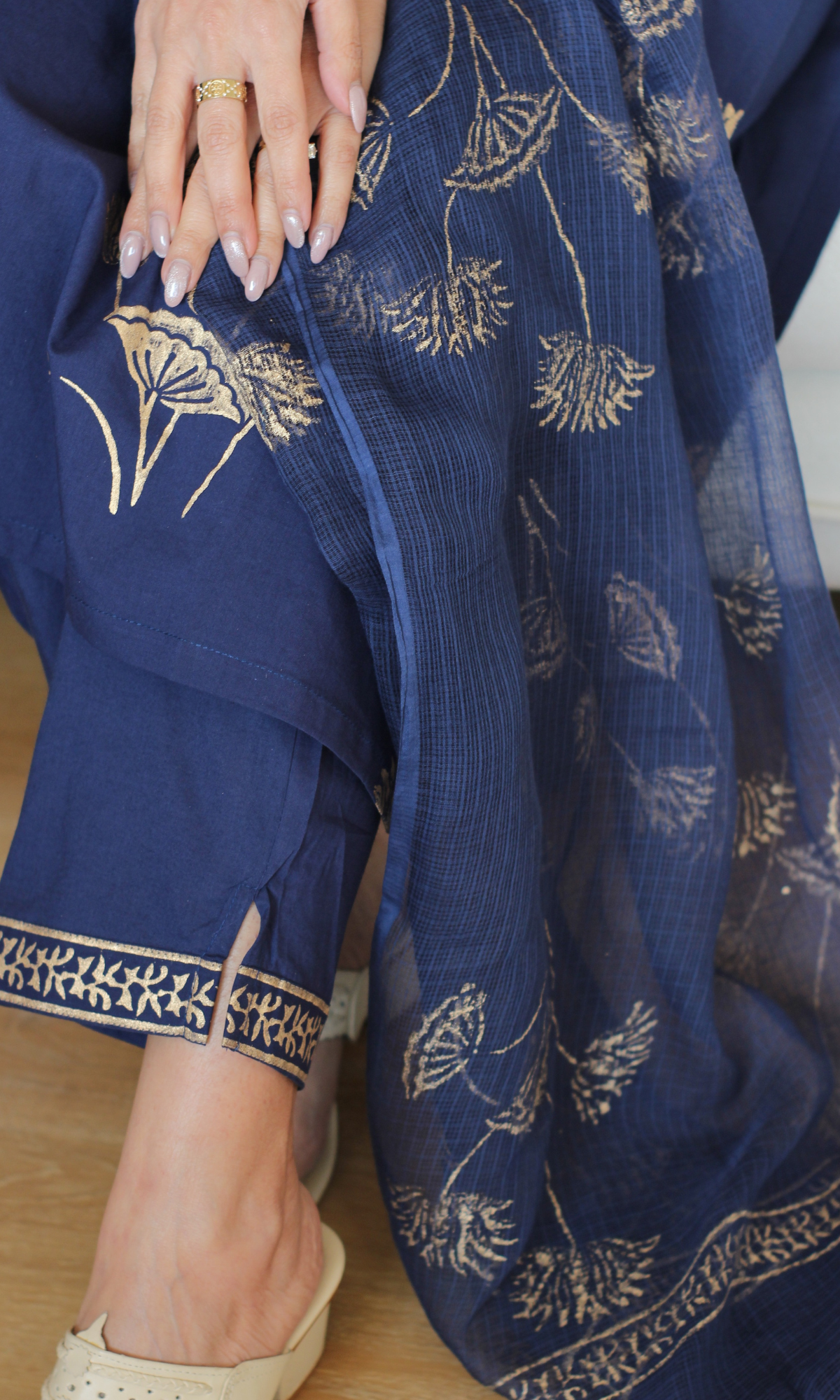 Navy Rangreza Gold Handblock Mughal Print Kurta, Cotton Pants & Kota Doria Dupatta