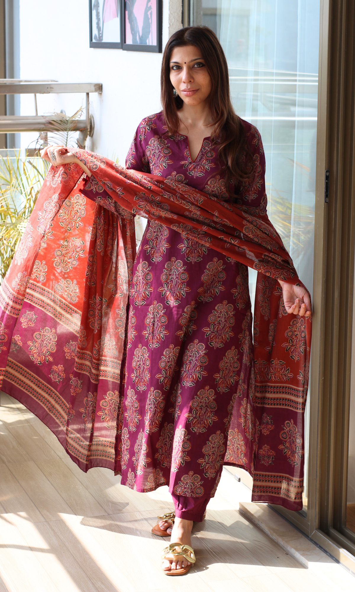 Cotton Burgandy & Rust Mughal Print Kurta, Dupatta with Afgani Pants