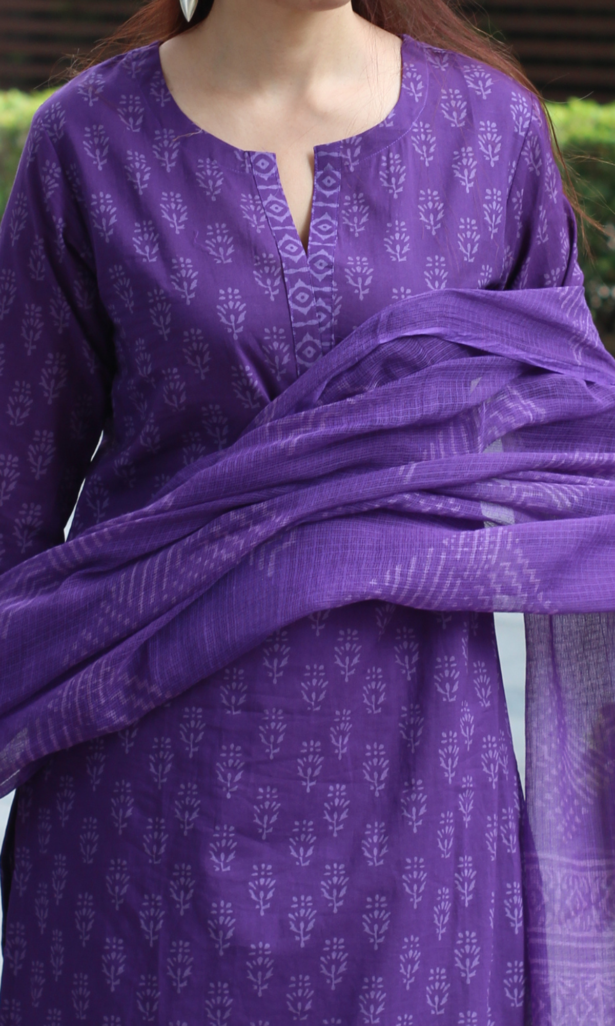 Purple Cotton Hand Block Print Kurta , Kota Doria Printed Dupatta & Cotton Pant