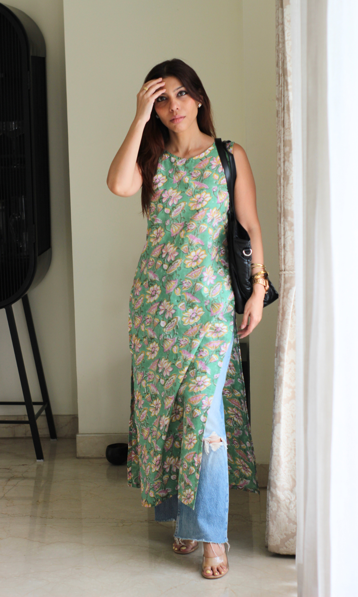 Green Cotton Handblock Print Boat Neck Straight Fit Kurta