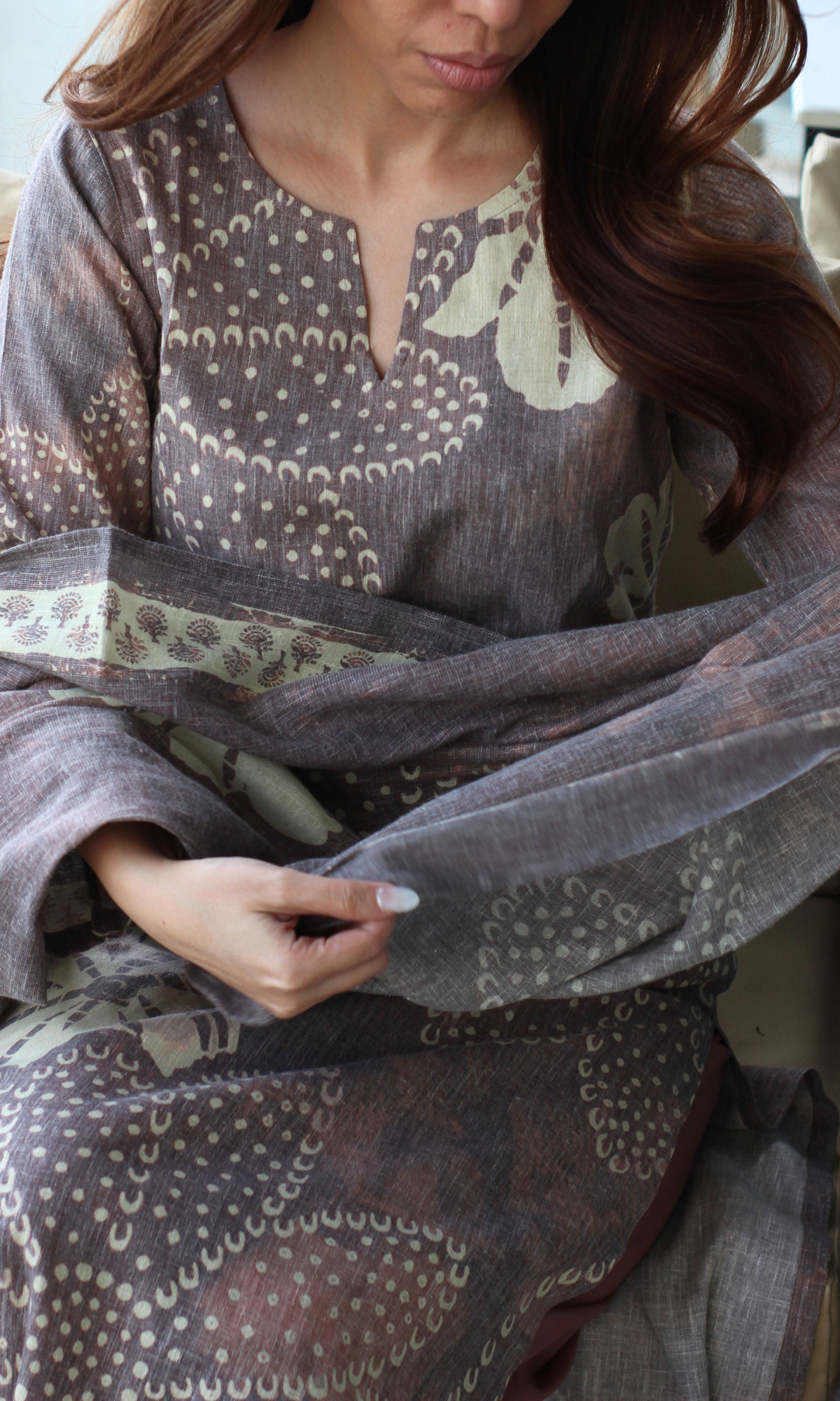 Linen Blend Cedar Flower Print Kurta , Dupatta with Cotton Pants