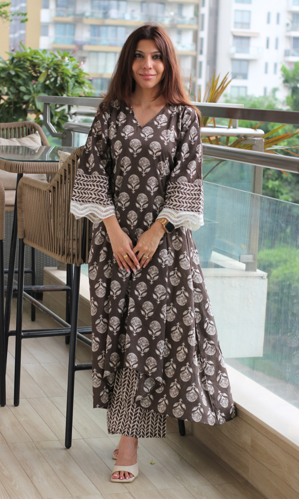 Earthy Brown Dabu High Low Kurta with Palazzo
