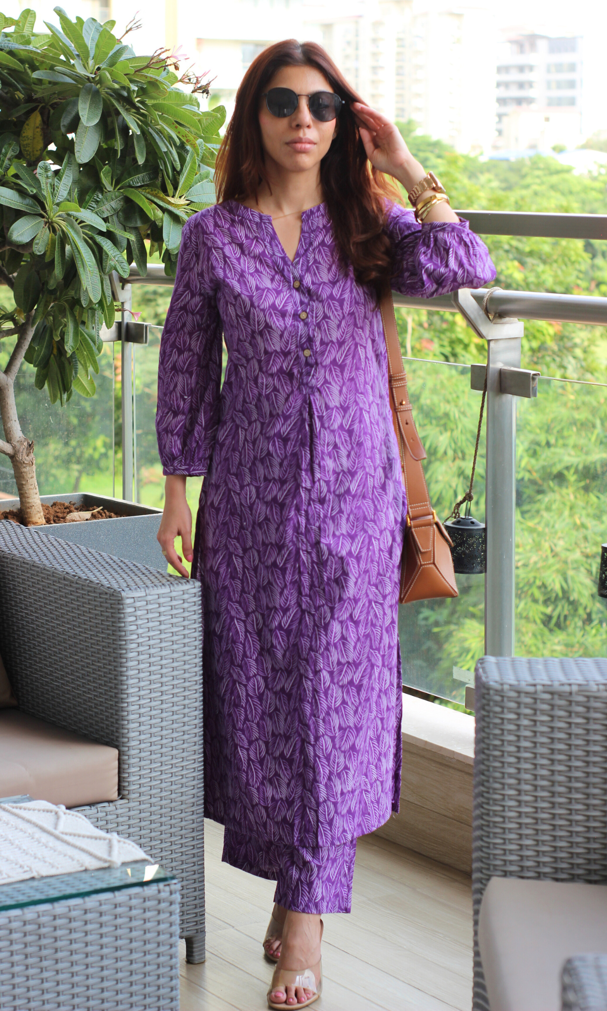 Purple Leaf Print Mandarin Neck Buttoned Kurta & Pant