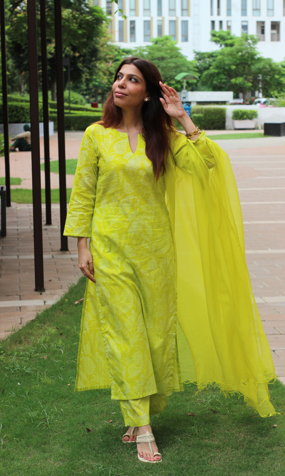 Lime Paisley Printed Cotton Kurta, Pant & Kota Doria Dupatta