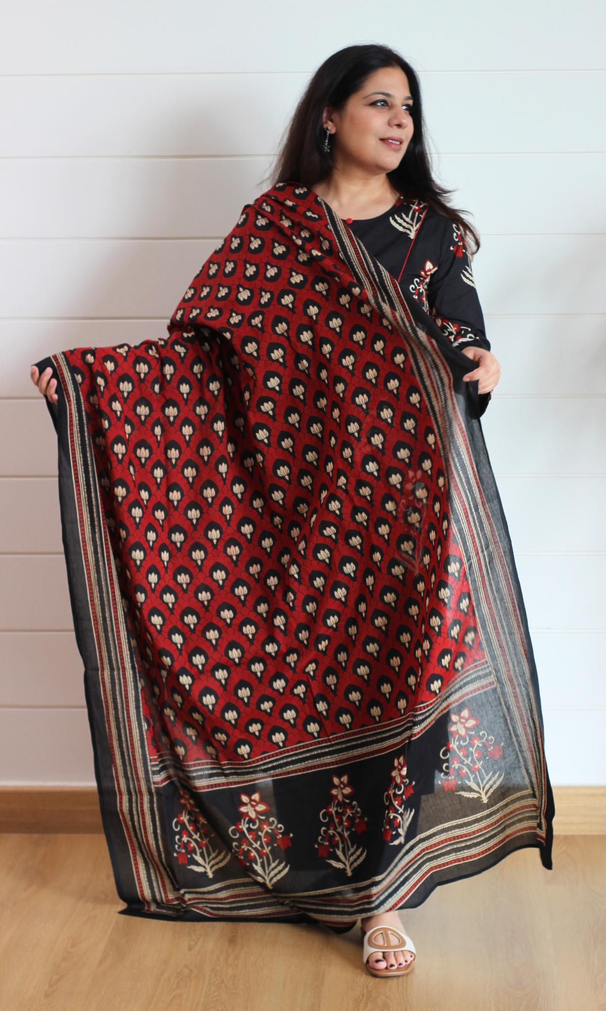 Cotton Black with Red Mughal Kurta, Block Printed Dupatta & Pants