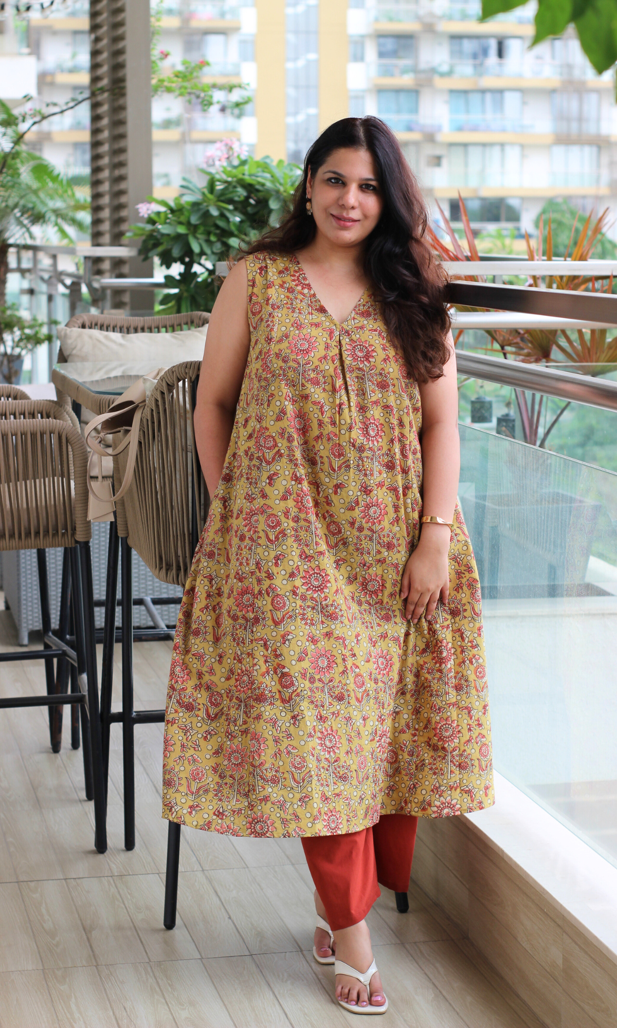 Pale Yellow Handblock Kalamkari Pleated Kurta & Cotton Pants