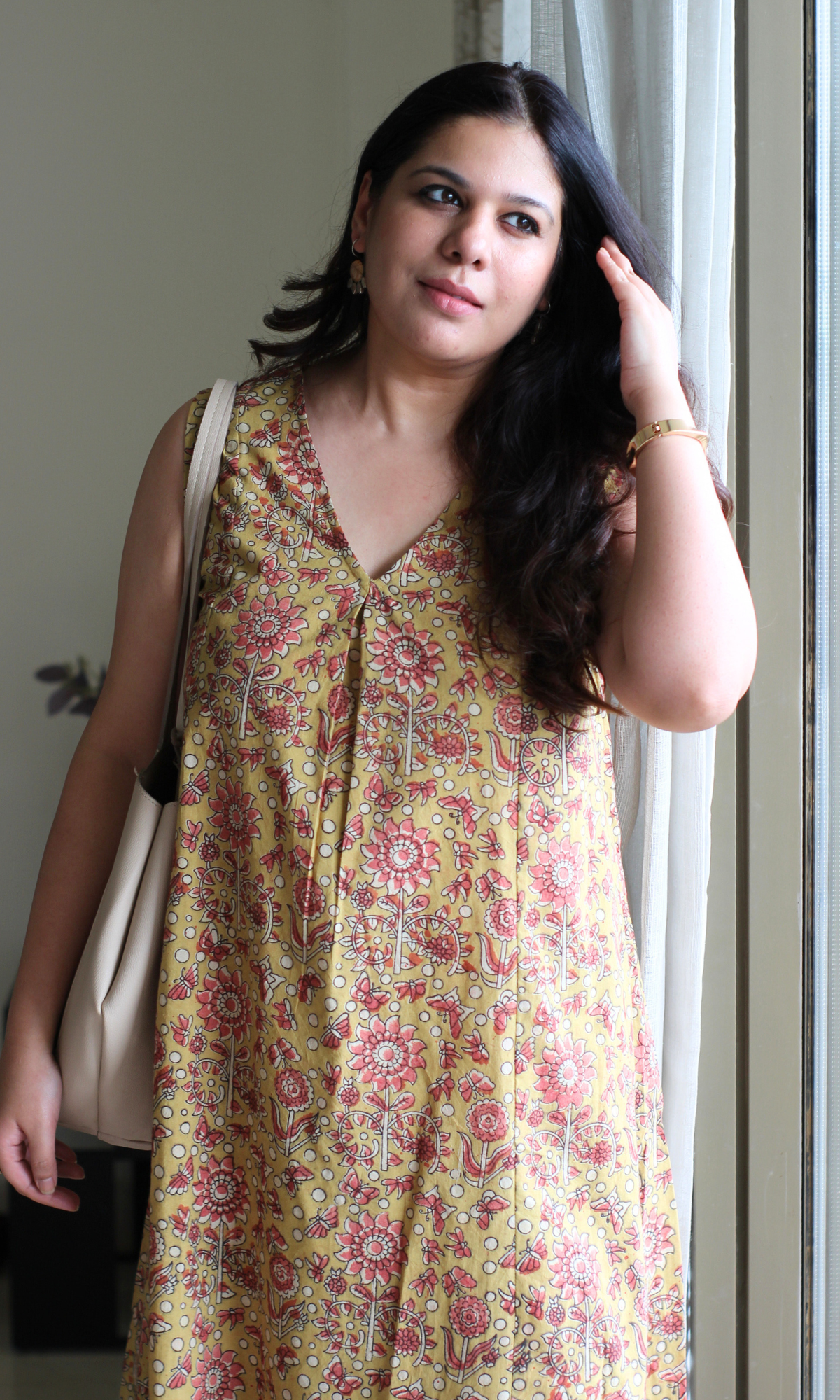 Pale Yellow Handblock Kalamkari Pleated Kurta & Cotton Pants