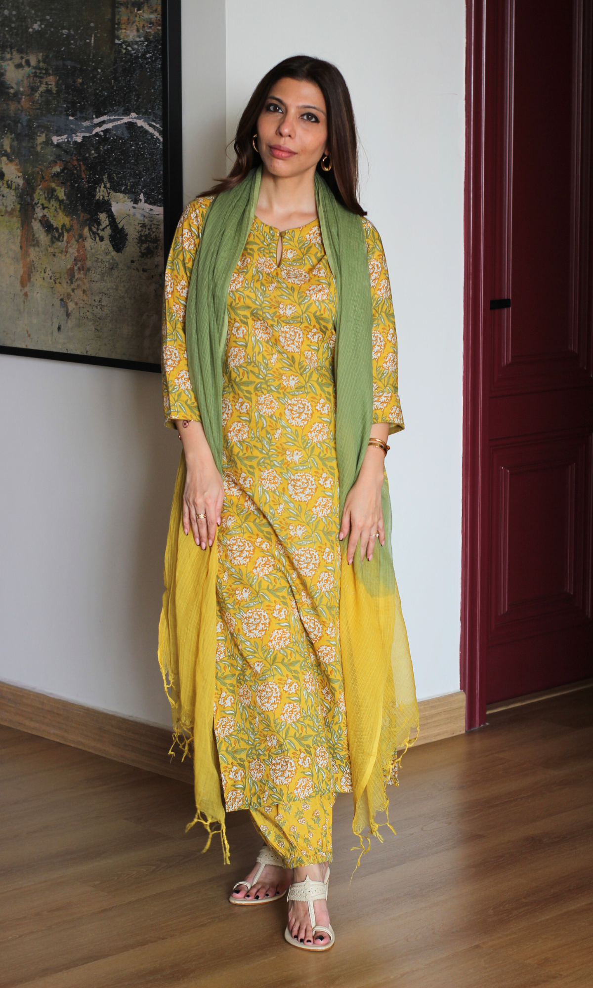 Cotton Yellow & Green Block Printed Kurta , Afghani Salwar and Kota Doria Ombre Dupatta