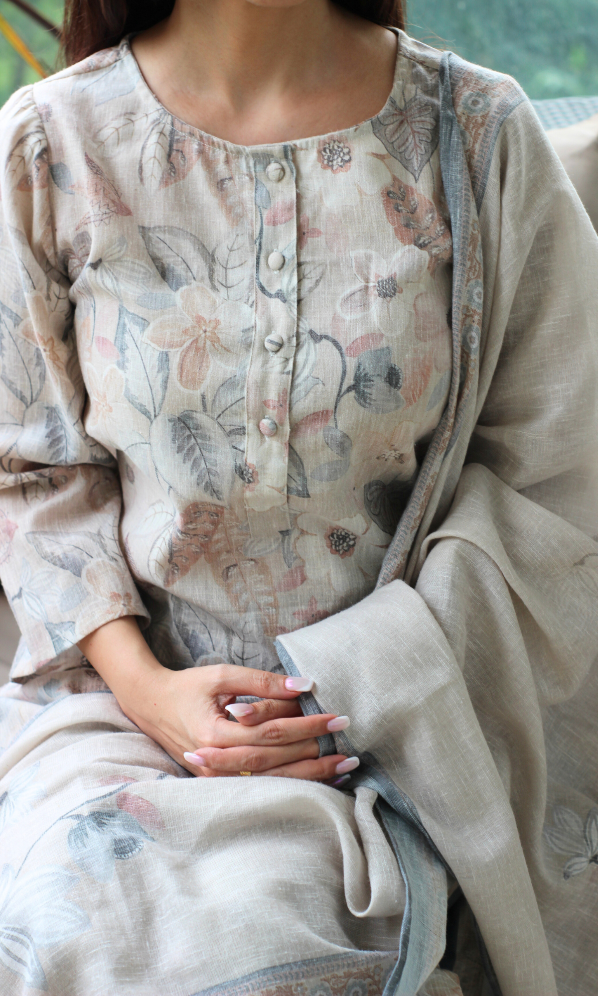 Duchessé Beige Linen Blend Printed Kurta , Dupatta & Cotton Bottoms