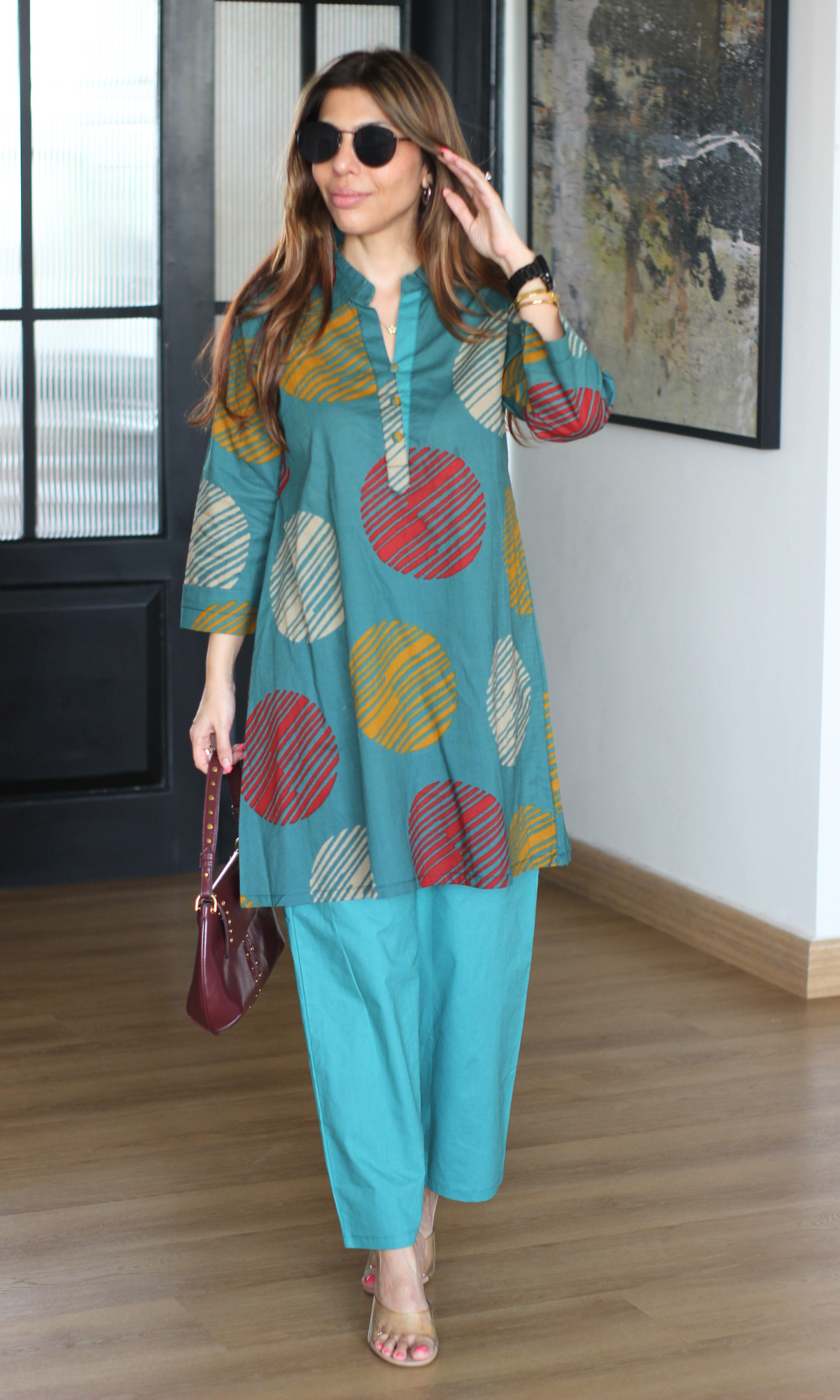 Cotton Teal Circle Abstract Collared Coord