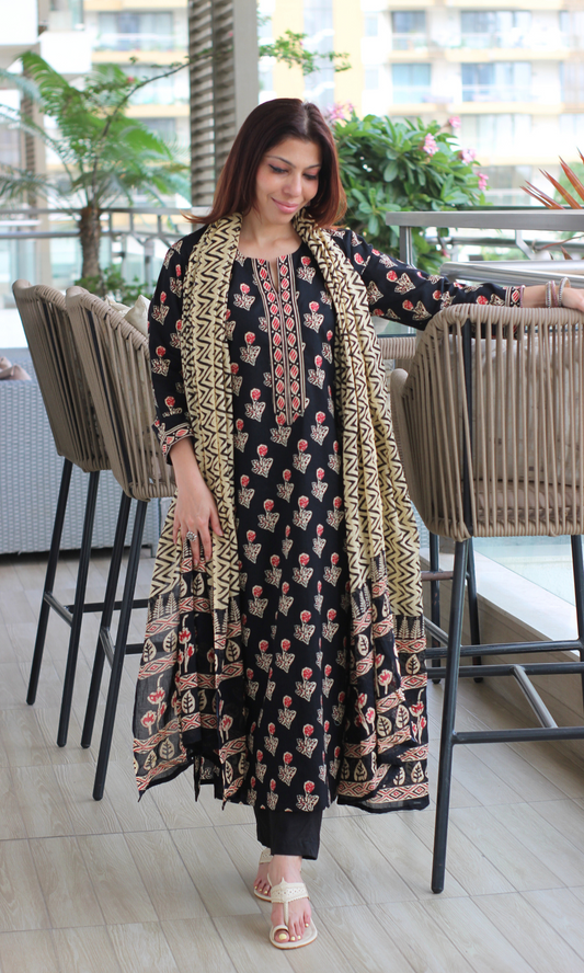 Cotton Black Rose Stem Print Kurta & Dupatta with Plain Pants