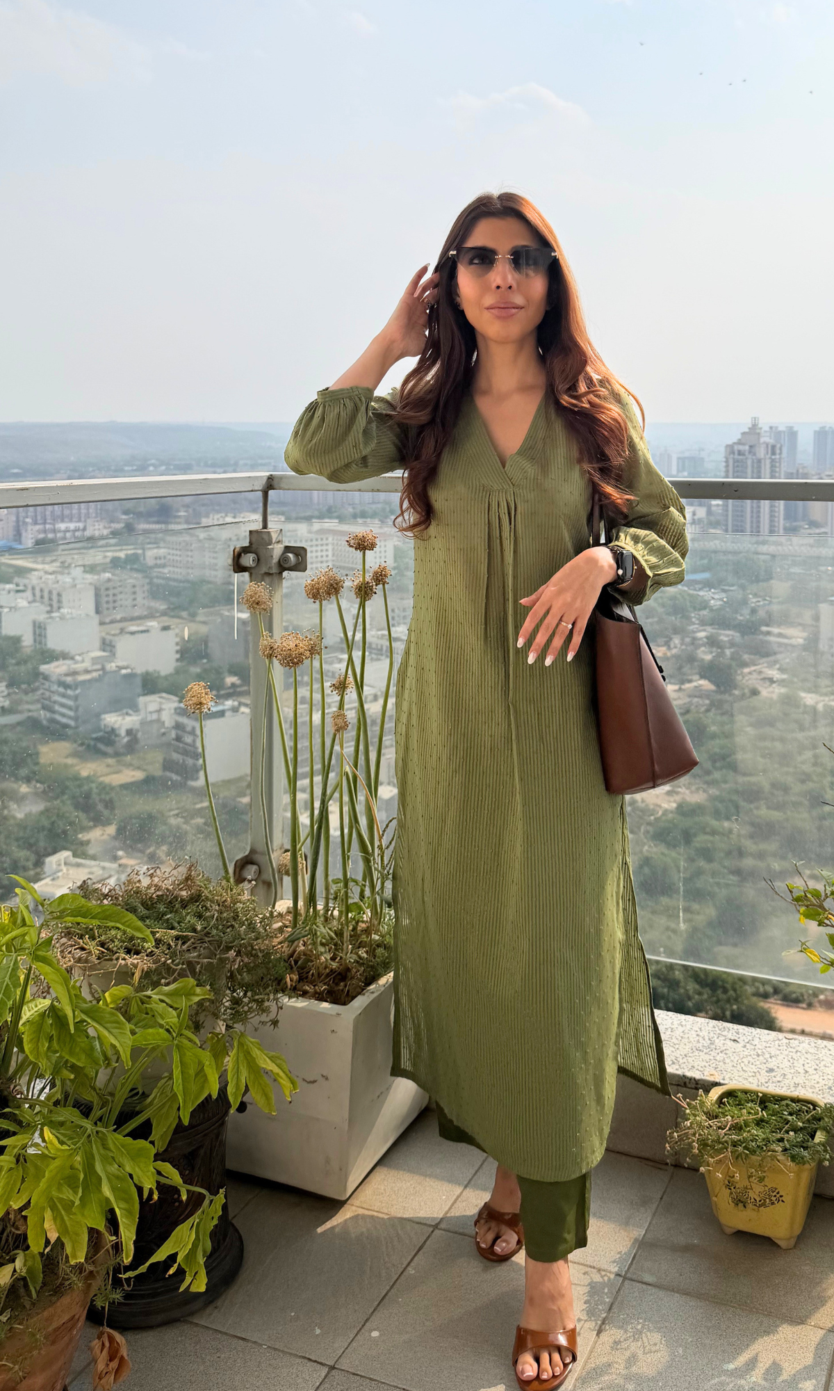Herb Green Cotton Dobby Pleated Kurta with Cotton Pants