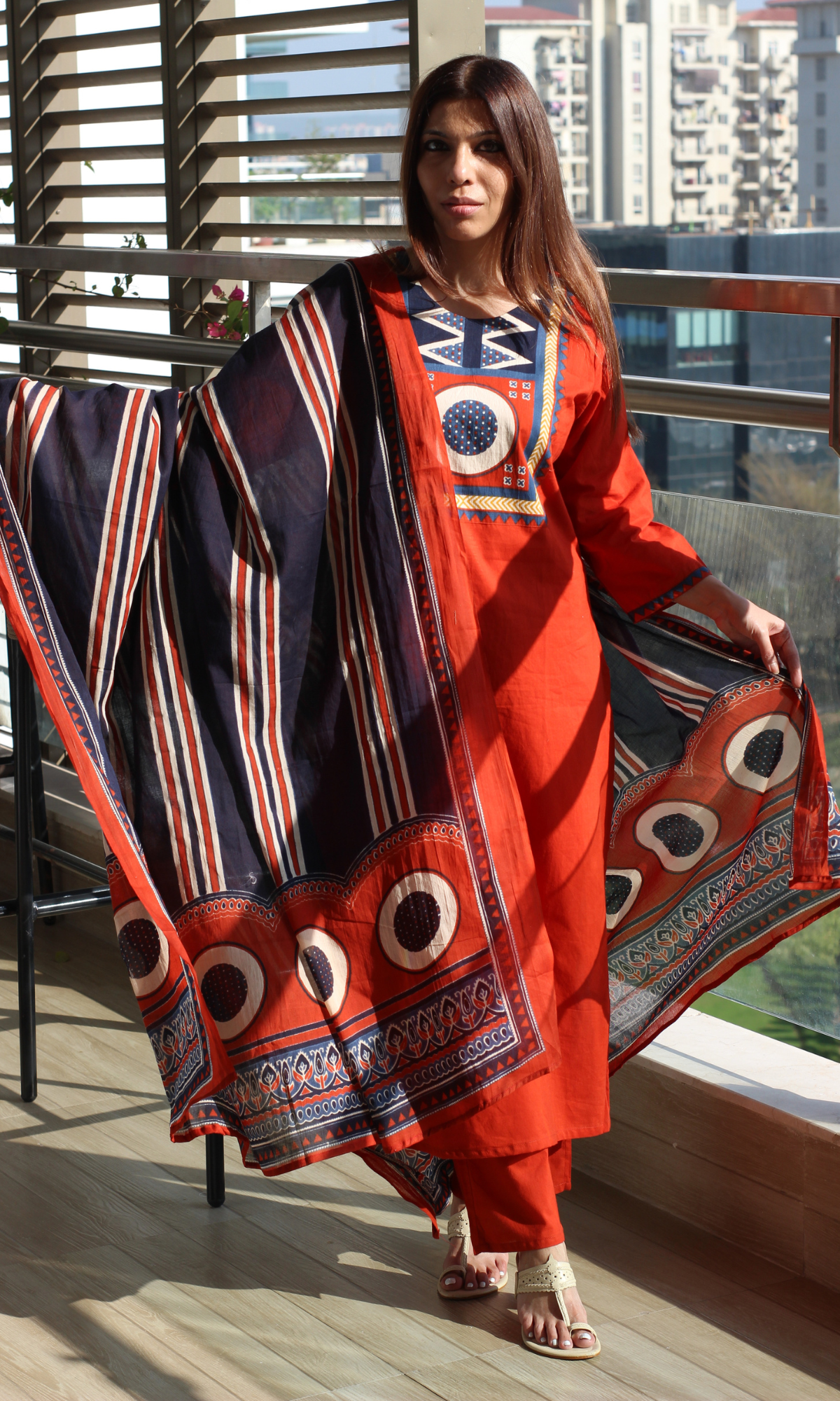 Cotton Orange Red Motif Neck Kurta, Pant & Printed Dupatta