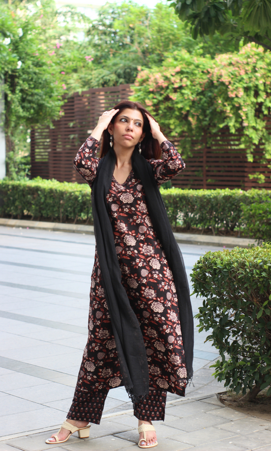 Cotton Black Flora Print Kurta, Pant & Kota Doria Dupatta