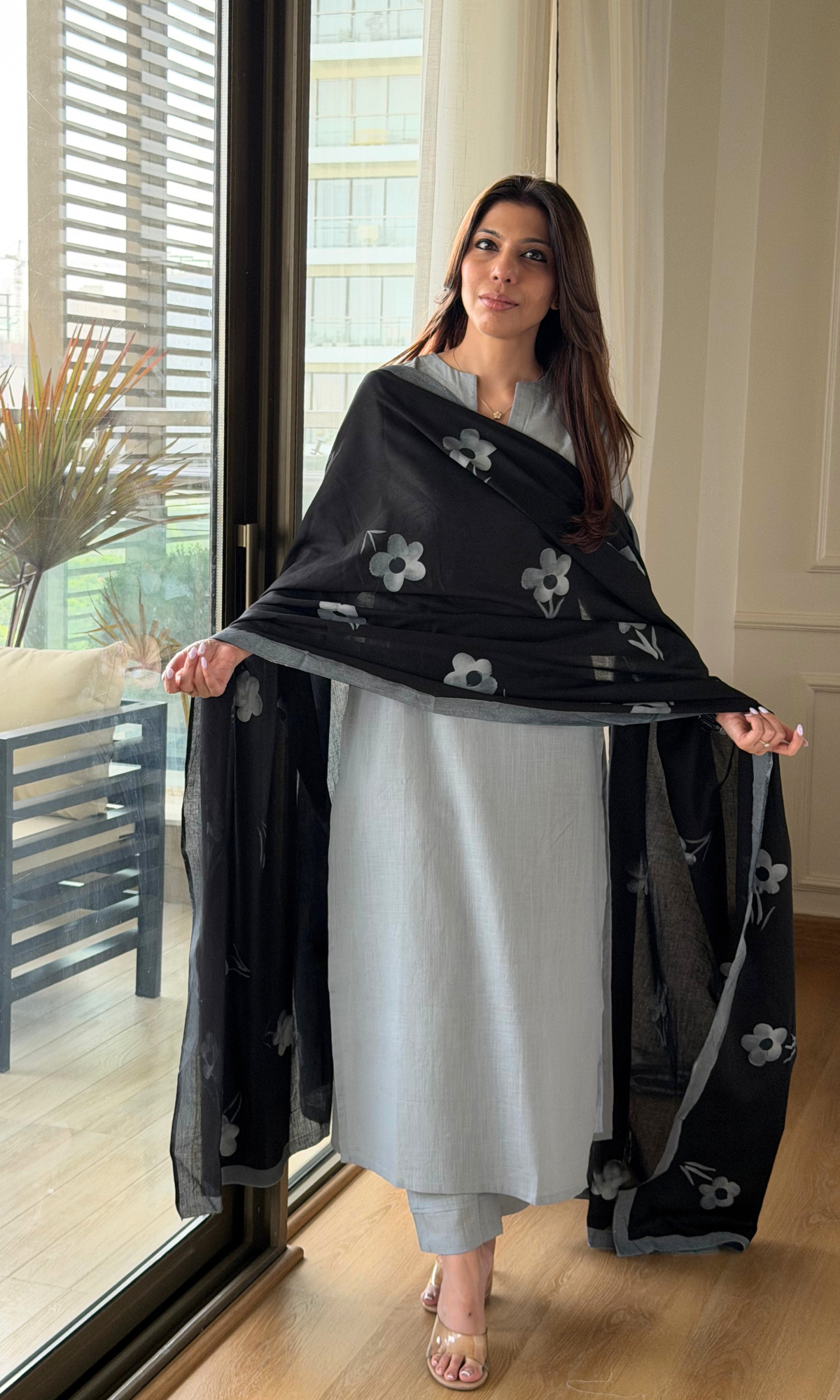 Mist Grey Slub Kurta, Pant with Black Cotton Handpainted Dupatta