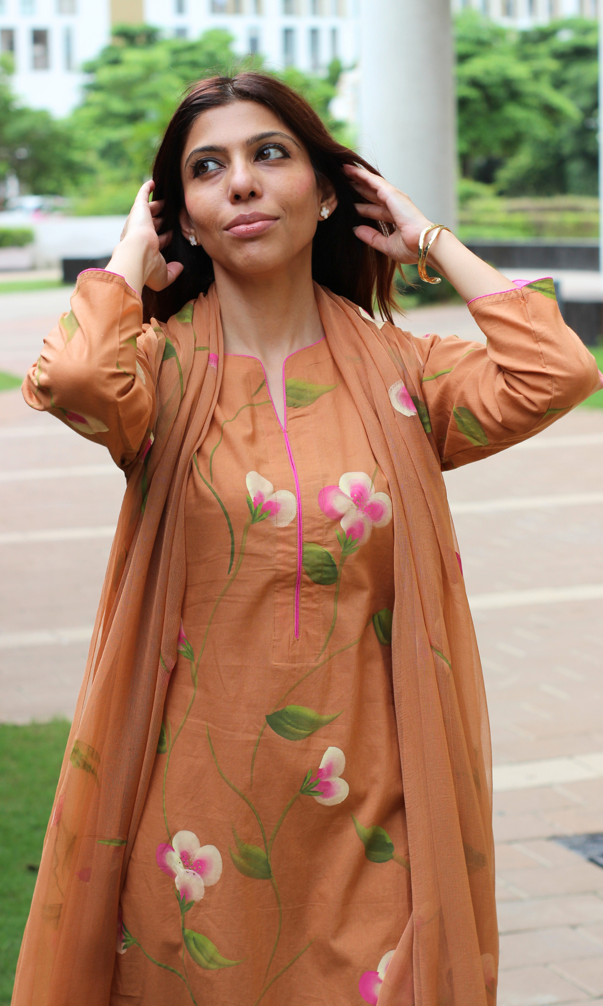 Rustic Orchid Hand Brush Painted Cotton Kurta, Pant & Hand Painted Chiffon Dupatta