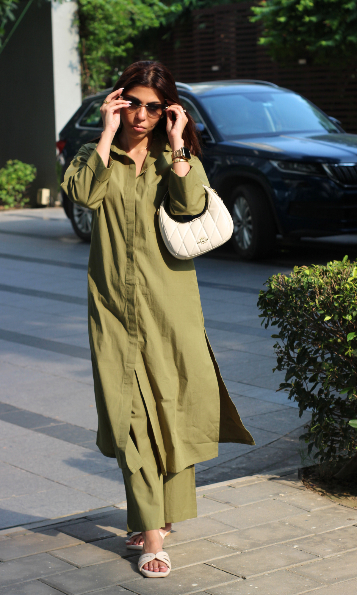 Olive Poplin Shirt Style Long Kurta & Pant