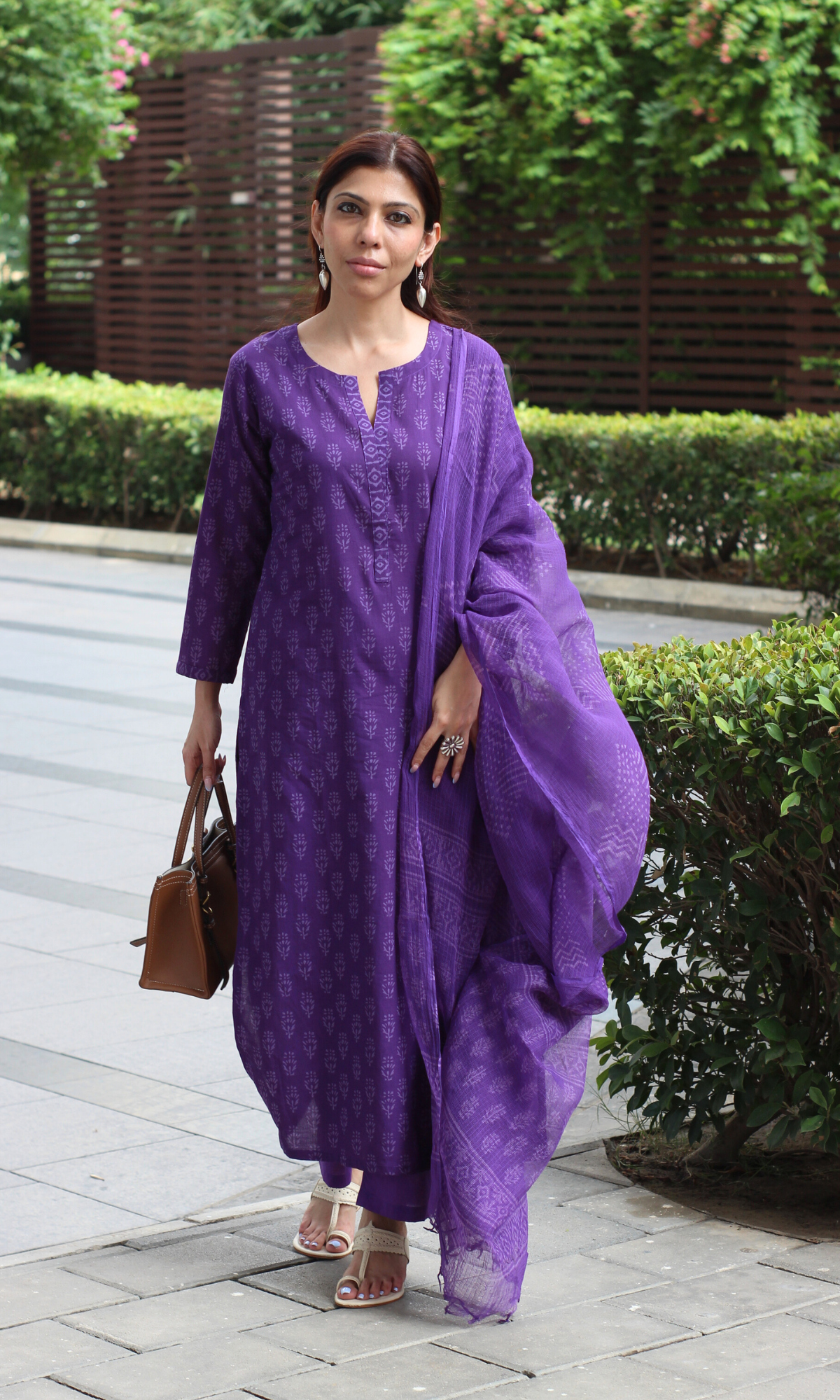 Purple Cotton Hand Block Print Kurta , Kota Doria Printed Dupatta & Cotton Pant