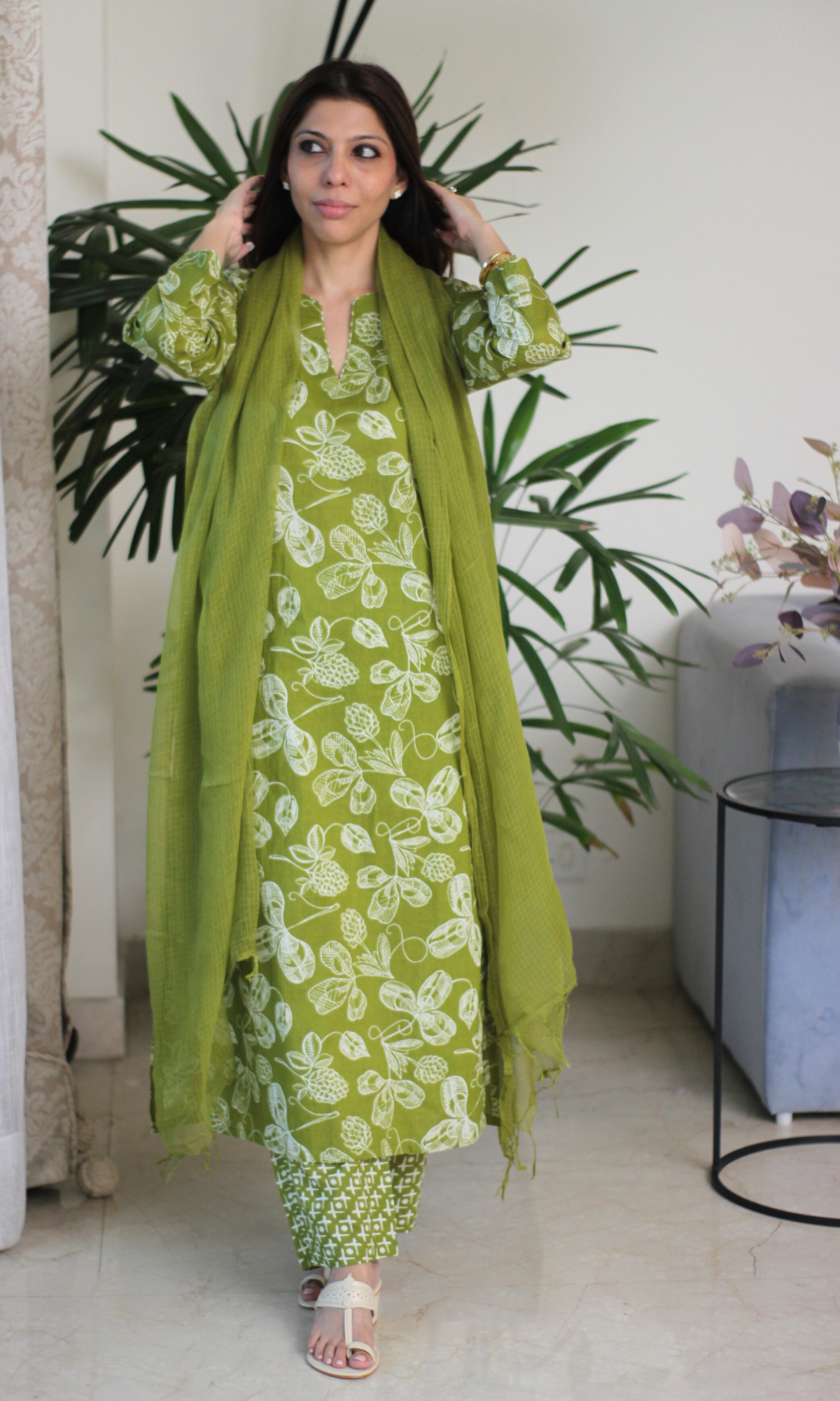 Sage Green Printed Kurta, Pant & Kota Doria Dupatta