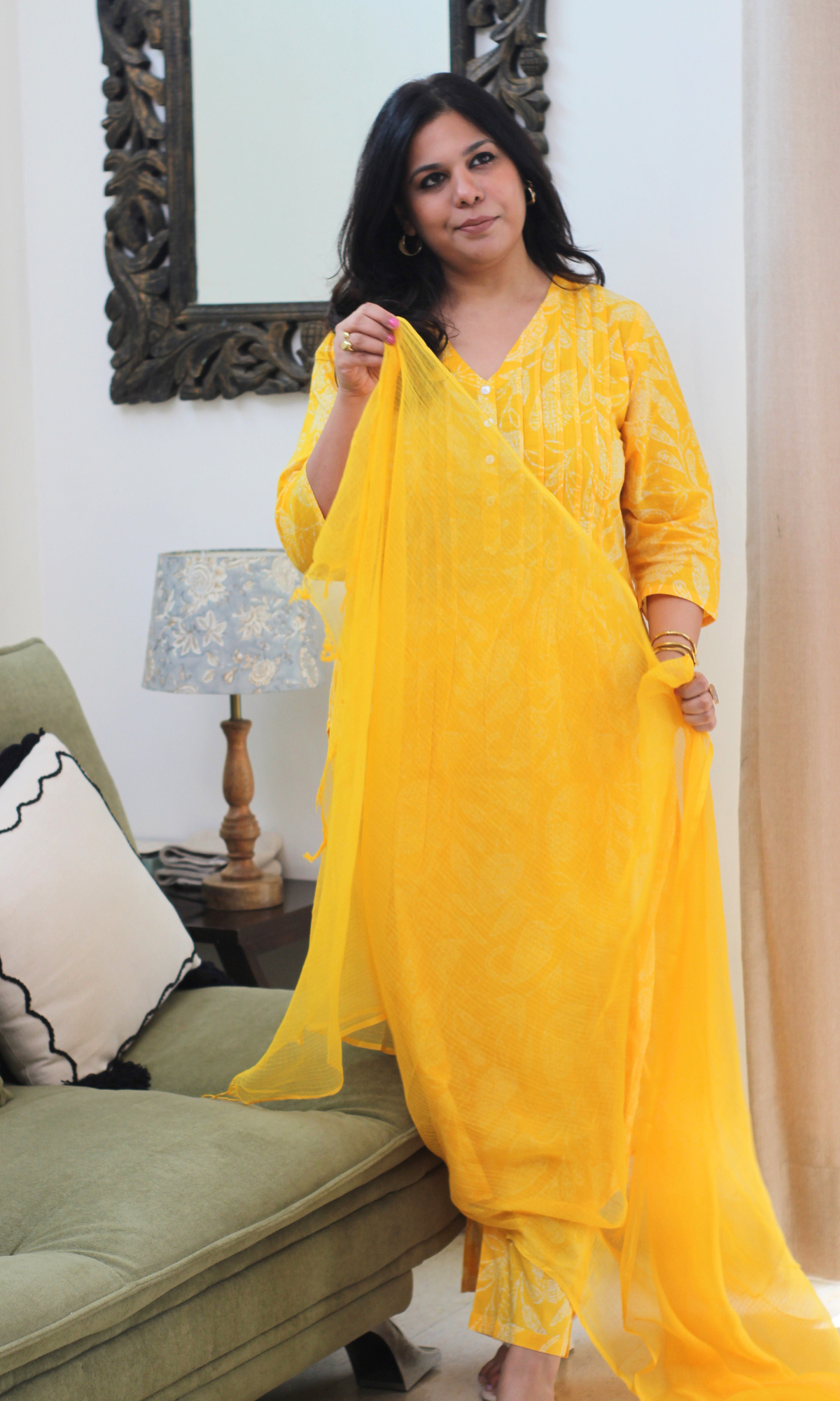 Yellow Paisley Pleated Kurta, Pant & Kota Doria Dupatta