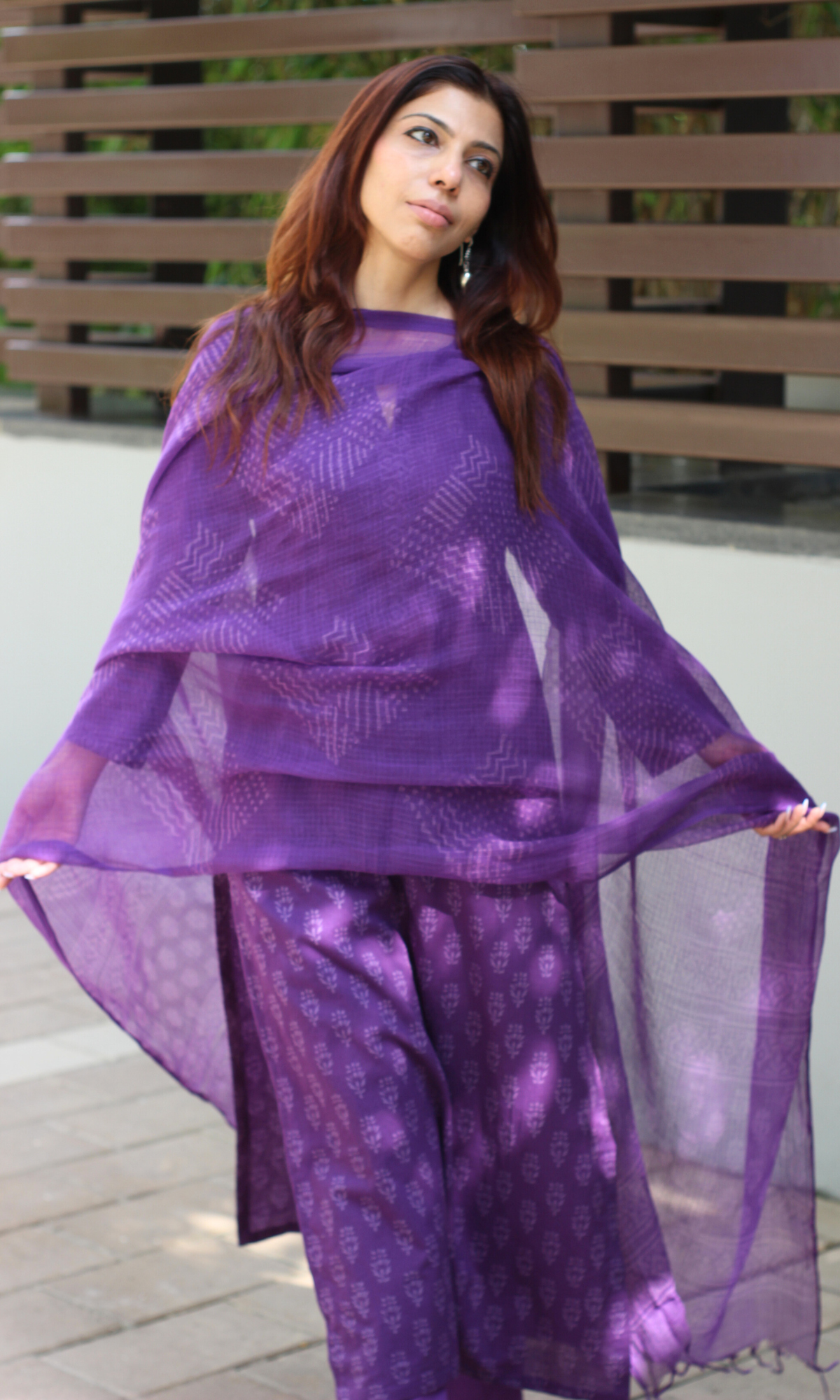Purple Cotton Hand Block Print Kurta , Kota Doria Printed Dupatta & Cotton Pant