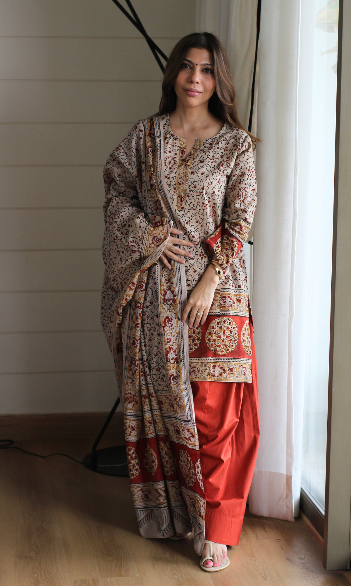 Beige & Red Handblock Kalamkari Print Kurta , Dupatta & Cotton Farshi Salwaar