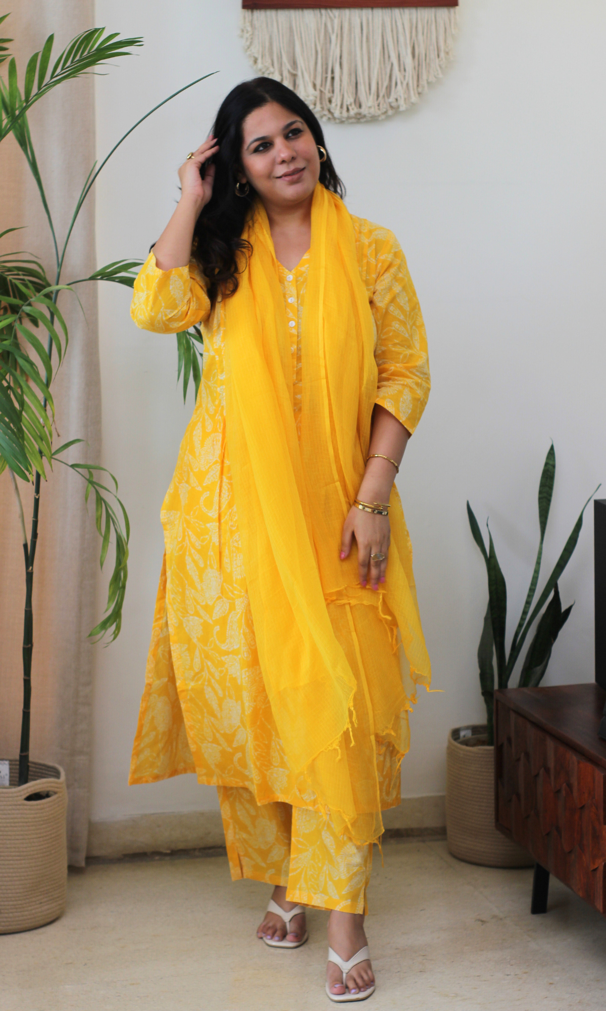 Yellow Paisley Pleated Kurta, Pant & Kota Doria Dupatta