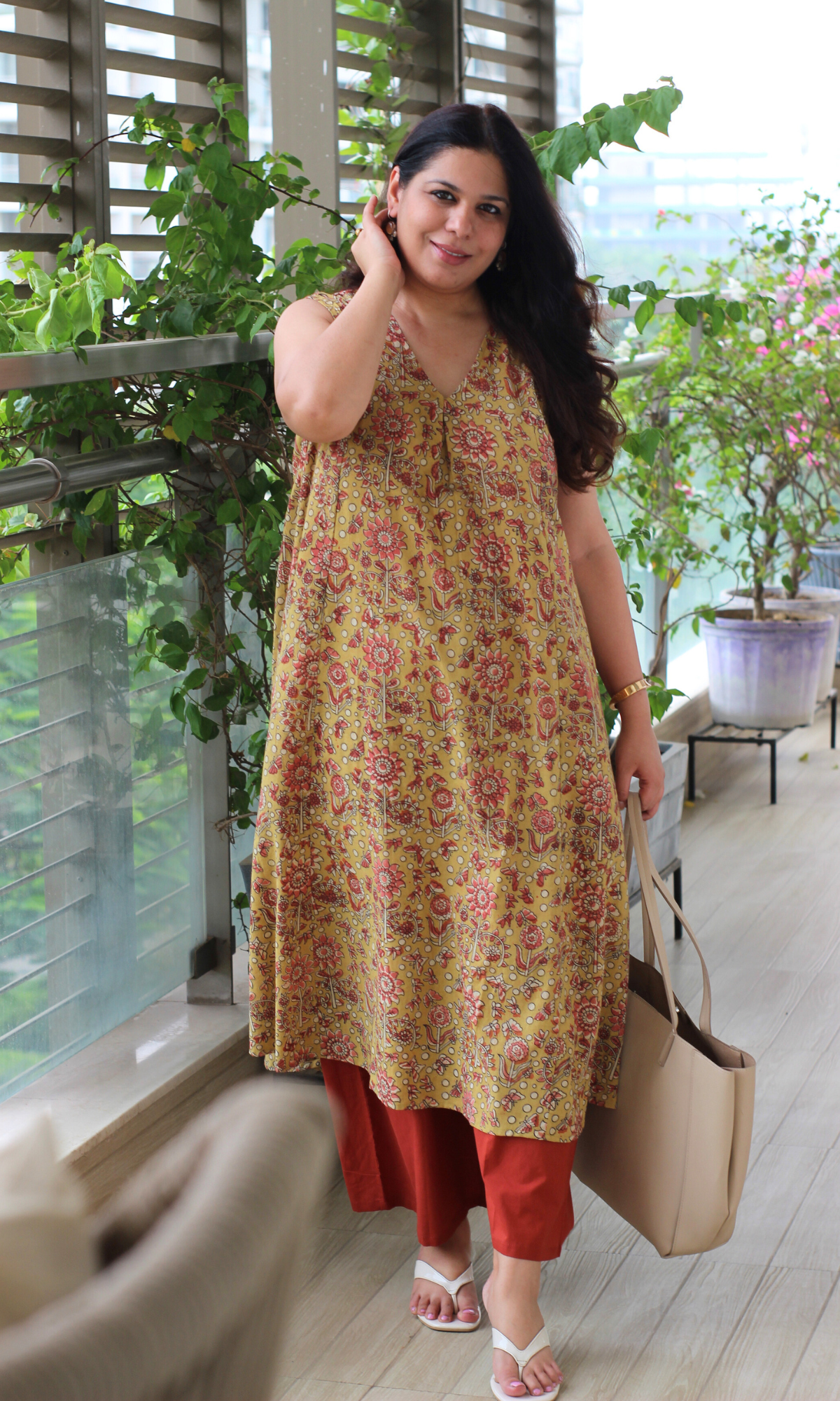 Pale Yellow Handblock Kalamkari Pleated Kurta & Cotton Pants