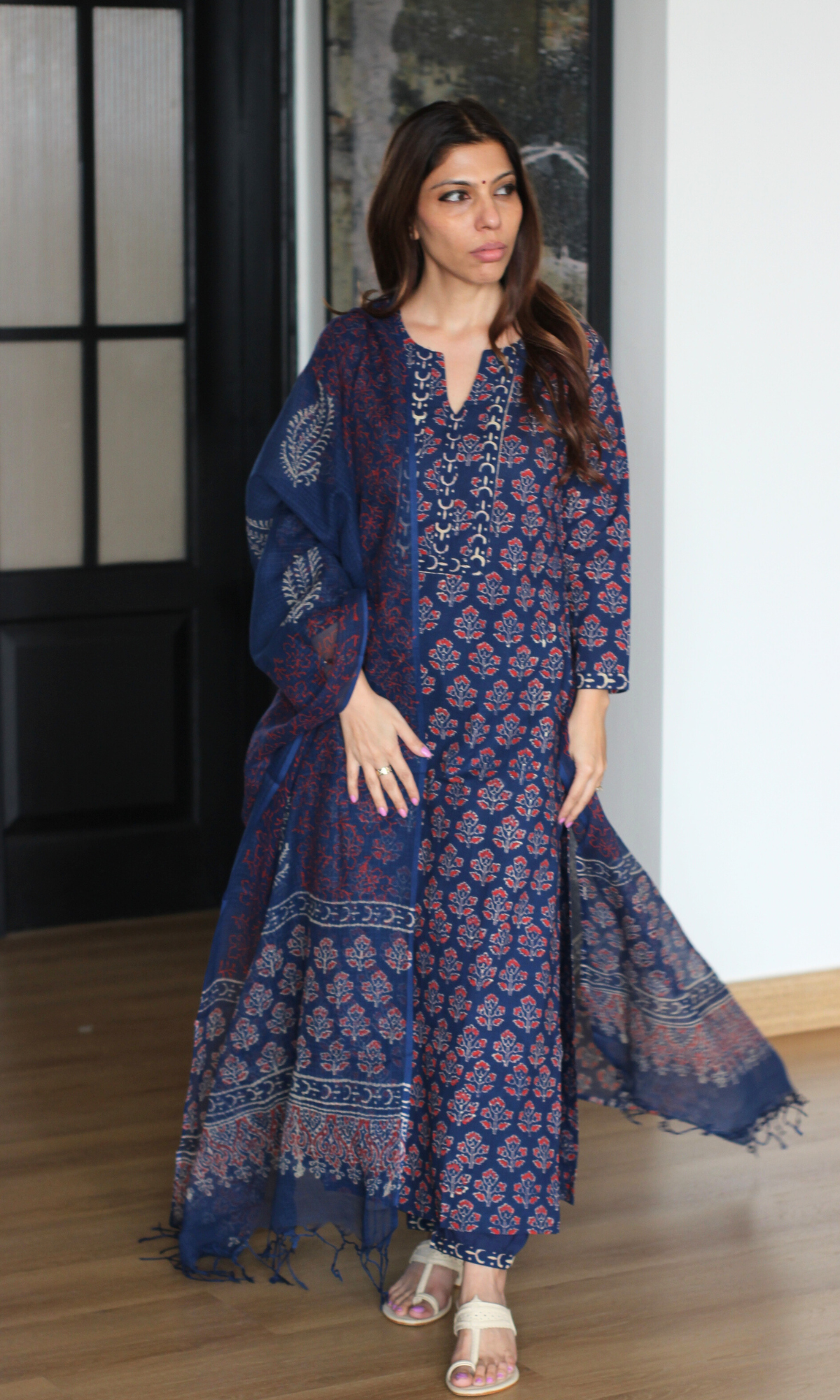 Badmeri Blue Ajrakh Handblock Kurta, Kota Doria Handblock Dupatta & Cotton Afgani Pants