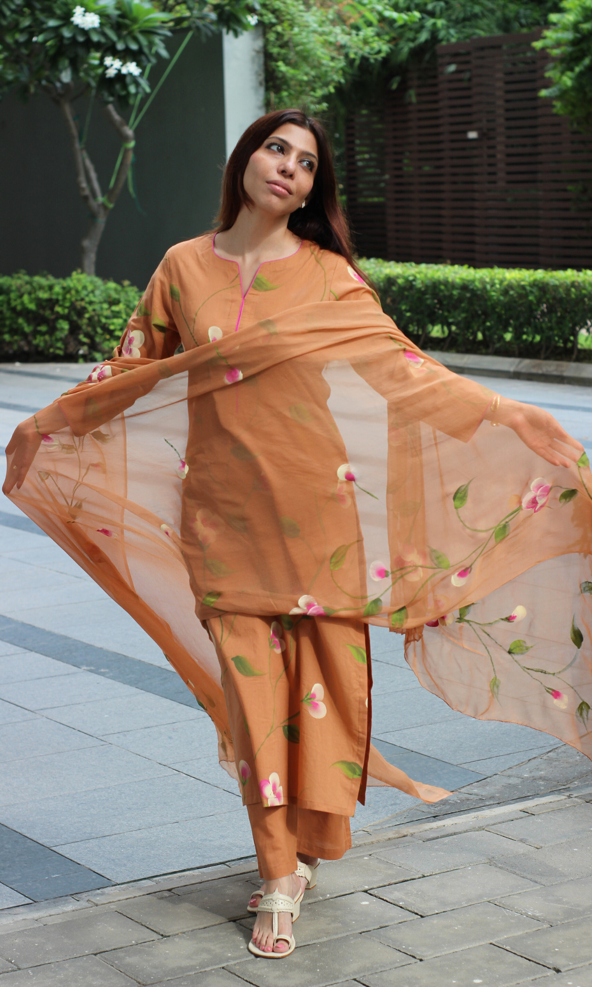 Rustic Orchid Hand Brush Painted Cotton Kurta, Pant & Hand Painted Chiffon Dupatta