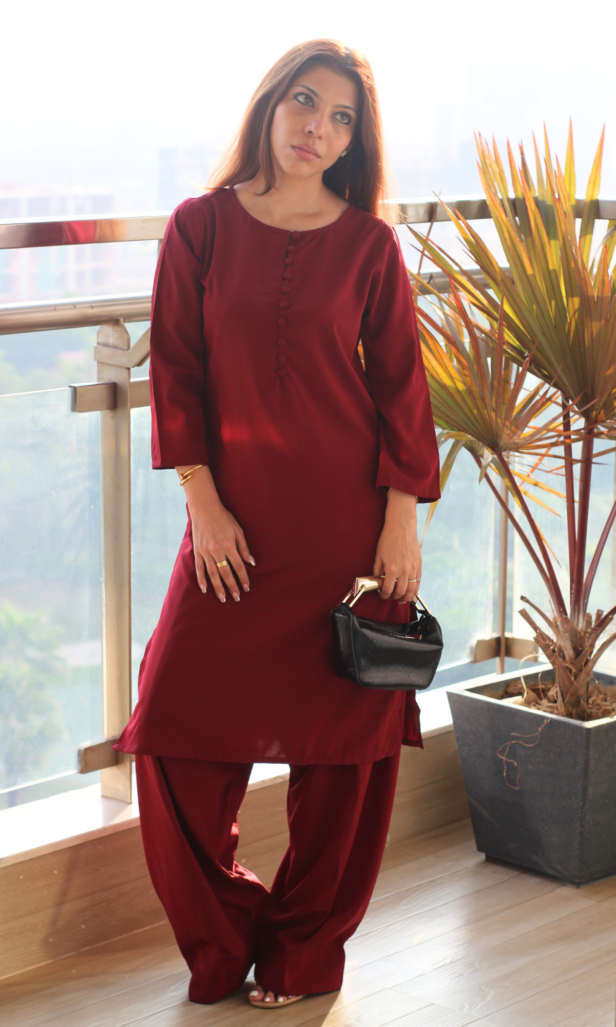 Ruby Glossy Boat Neck Buttoned Kurta with Farshi Salwaar