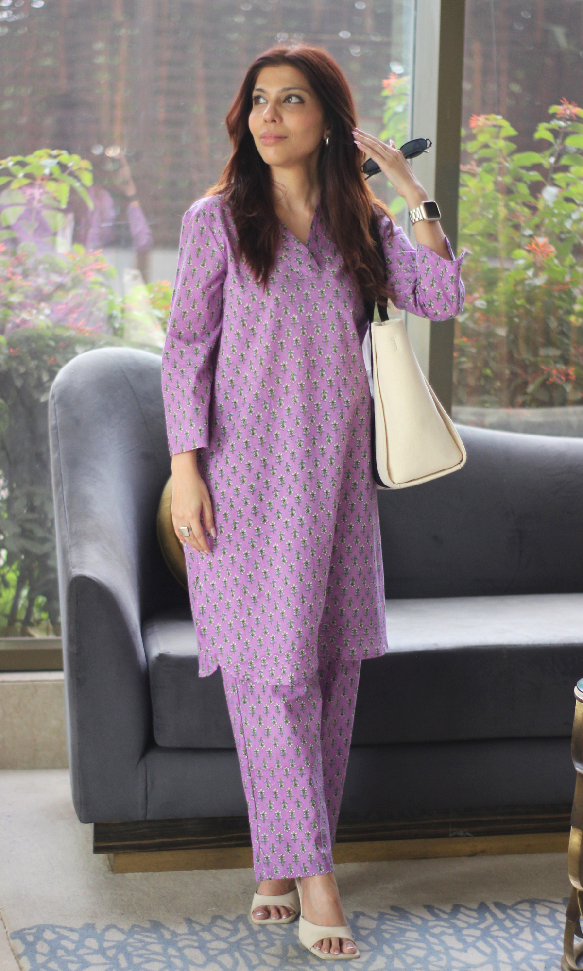 Cotton Lilac Bloom Pathani Style Kurta & Pants