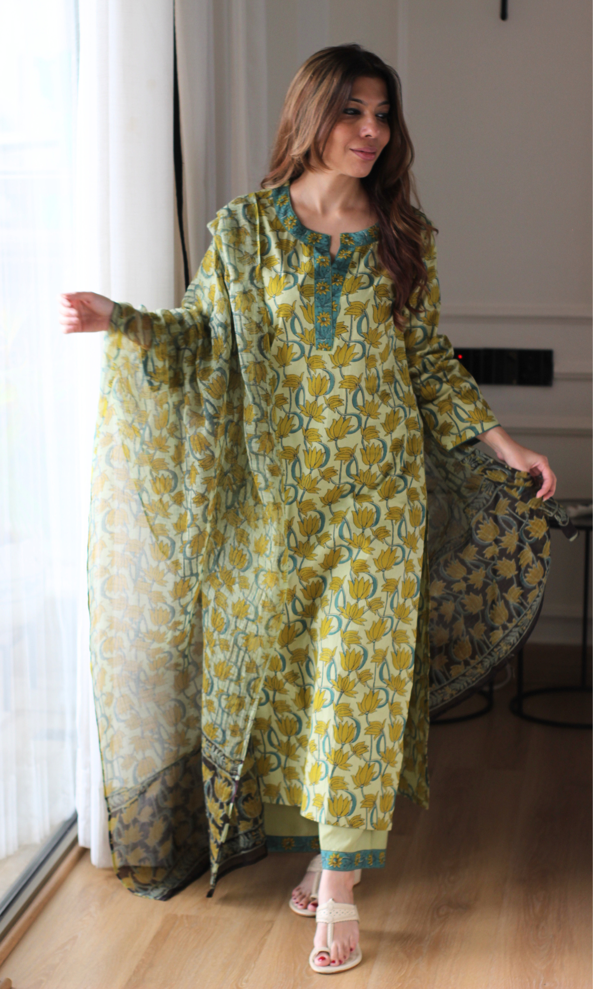 Mehendi Lotus Block Printed Kurta, Cotton Pants & Kota Doria Dupatta