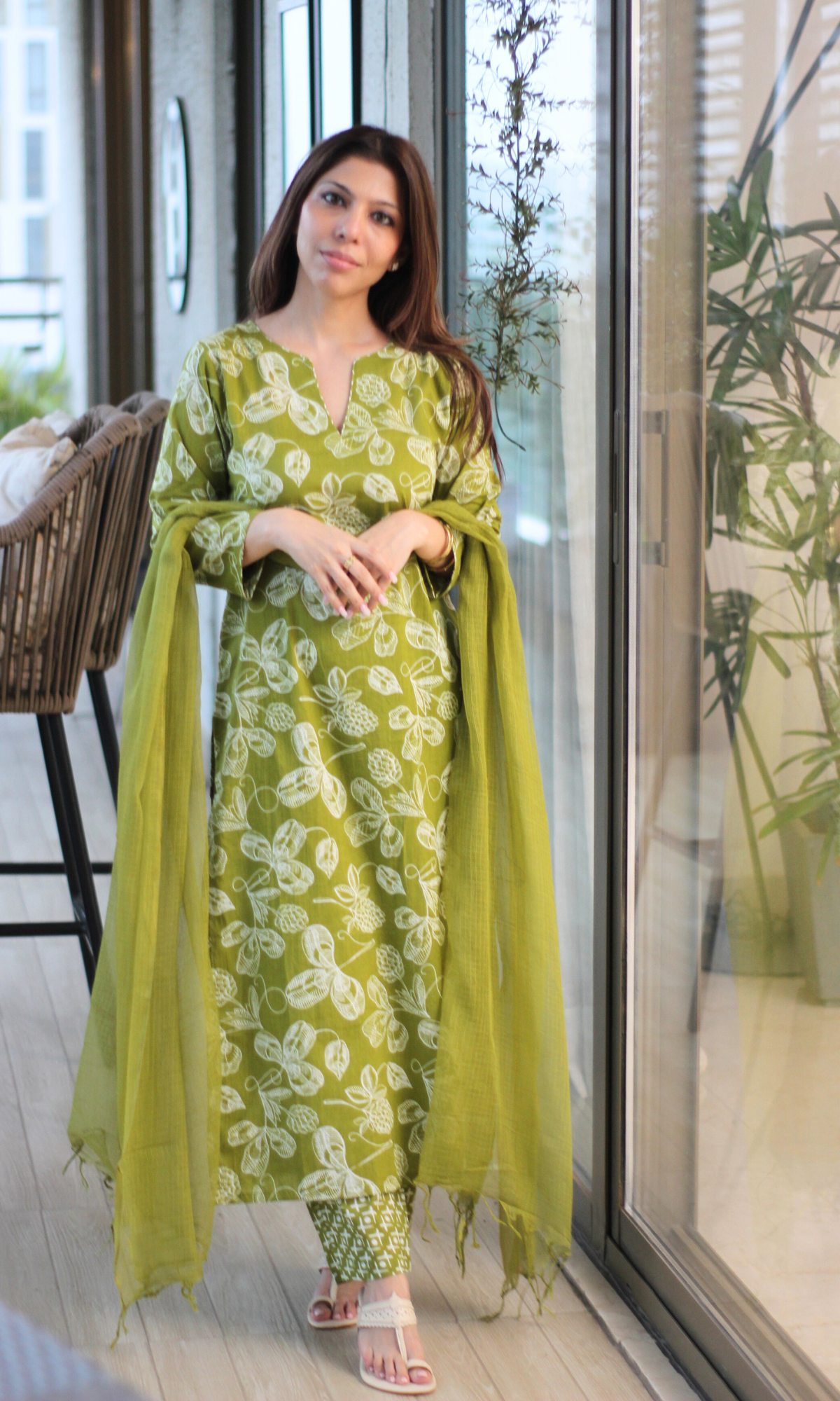Sage Green Printed Kurta, Pant & Kota Doria Dupatta