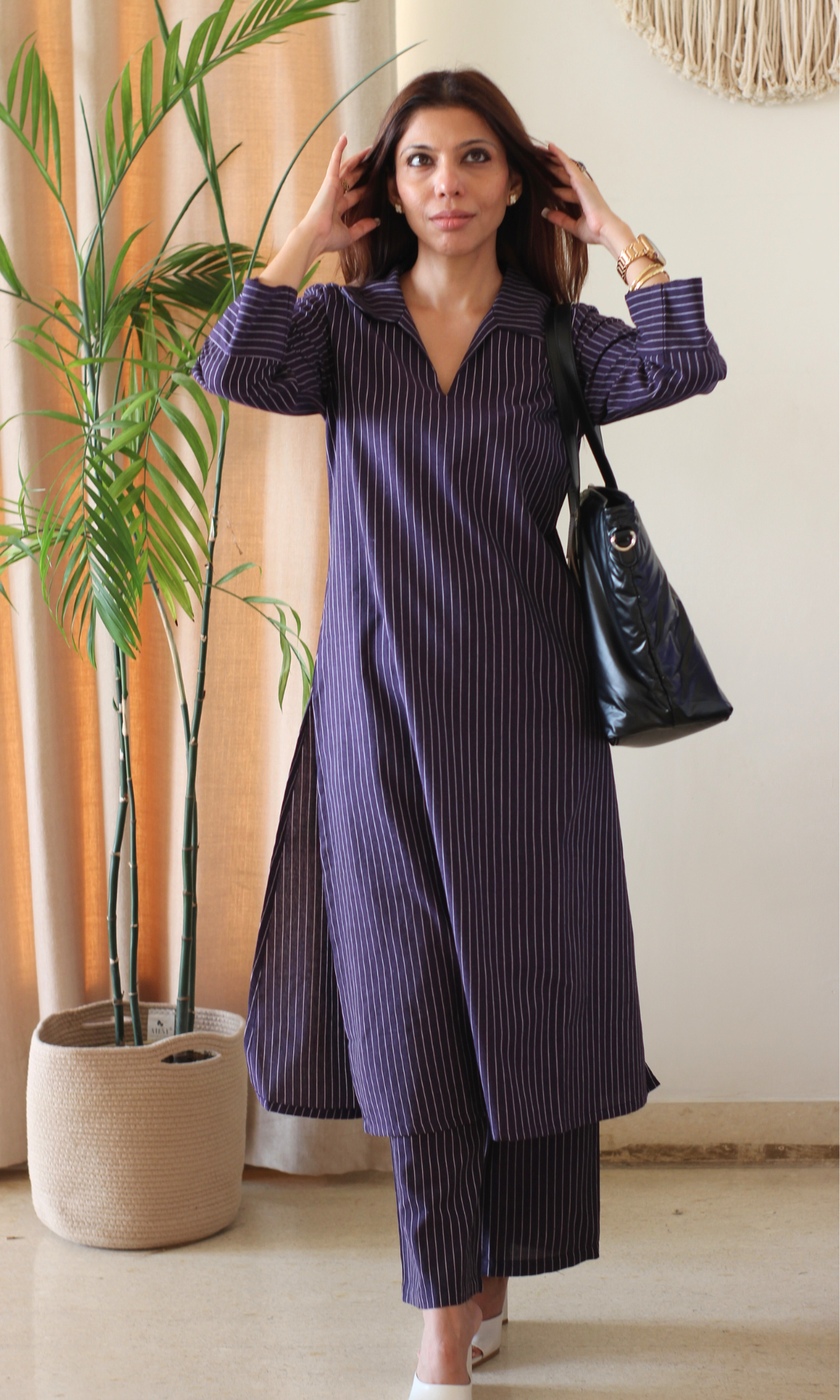 Purple Cotton Ikat Striped Kurta & Pants