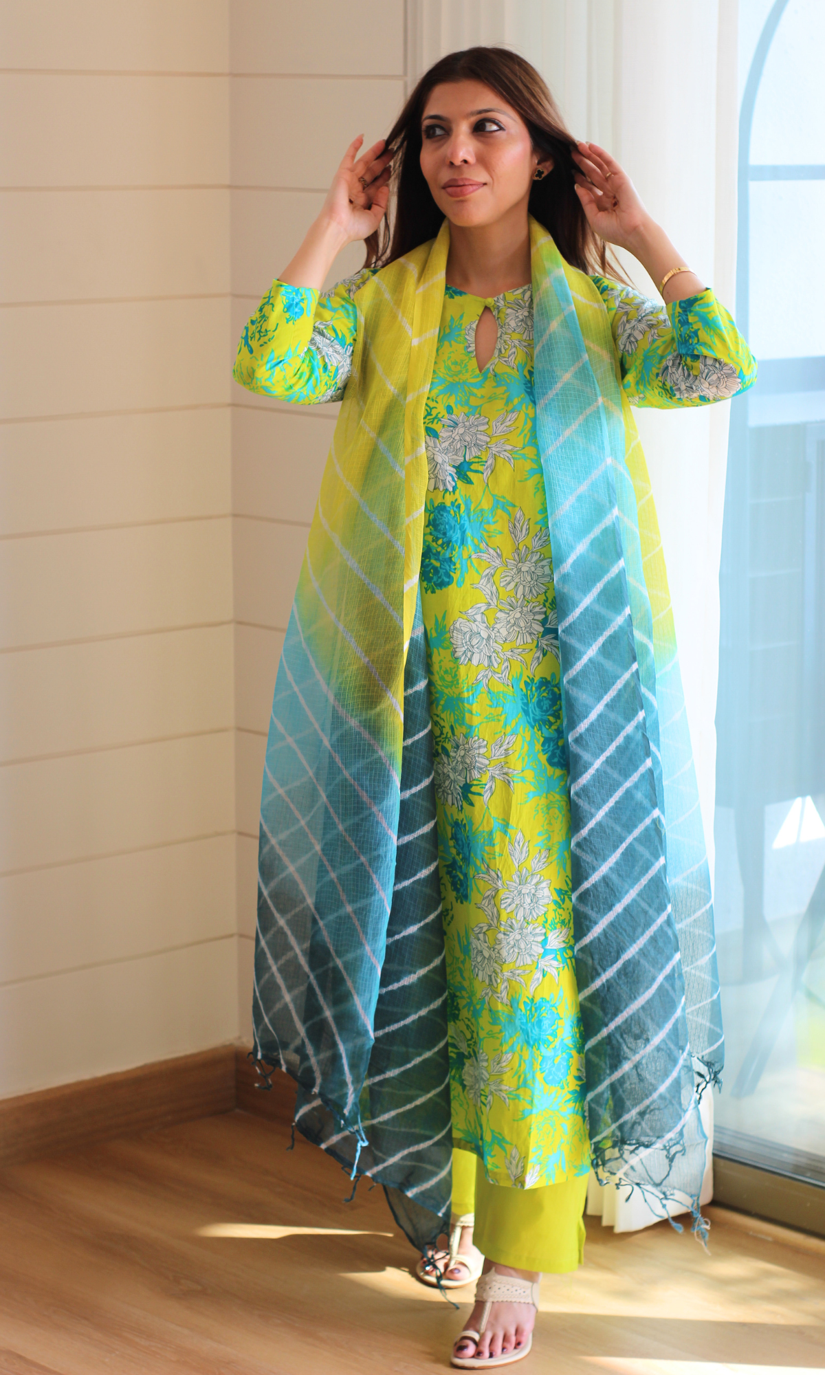 Cotton Lime Aqua Floral Print Kurta, Solid Pants & Lehariya Kota Dupatta