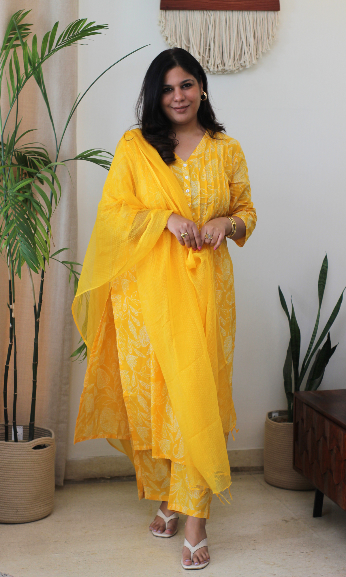 Yellow Paisley Pleated Kurta, Pant & Kota Doria Dupatta