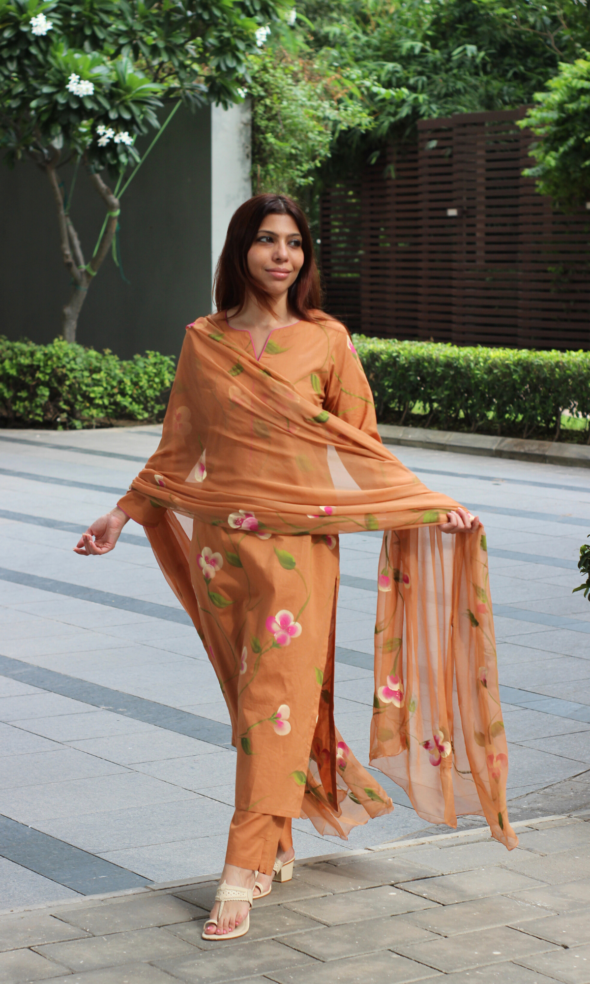 Rustic Orchid Hand Brush Painted Cotton Kurta, Pant & Hand Painted Chiffon Dupatta