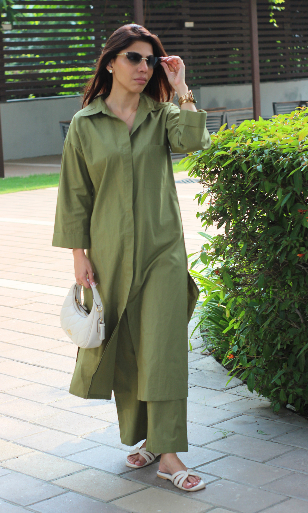 Olive Poplin Shirt Style Long Kurta & Pant