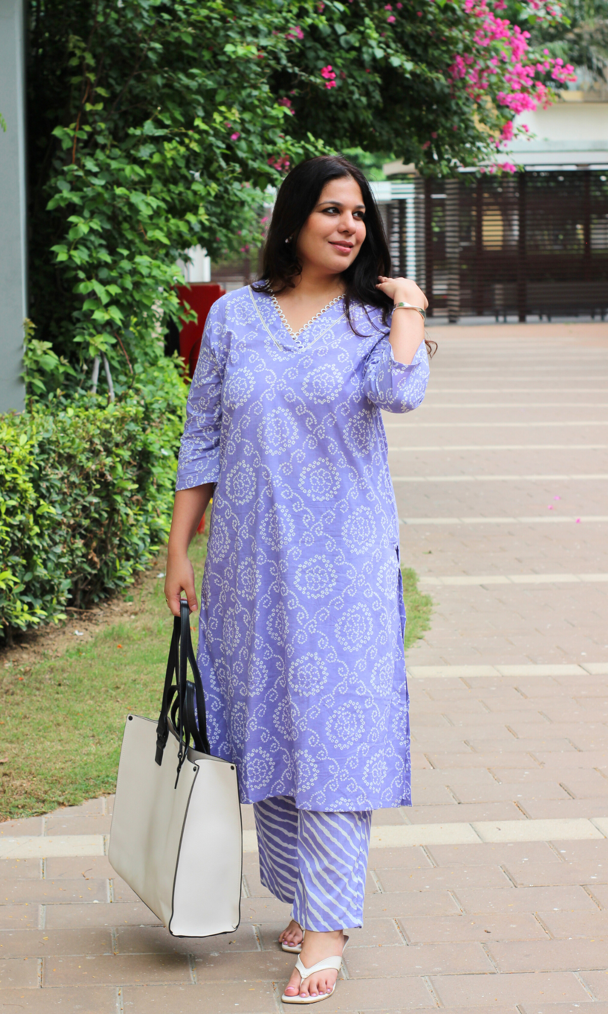 Lavender Bandhani Laced Kurta & Lehariya Pant