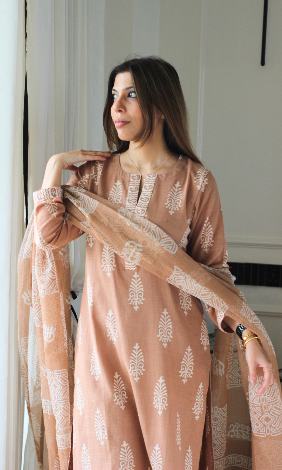 Mocha Haze Cotton Slub Handblock Printed Kurta, Pant & Kota Doria Printed Dupatta
