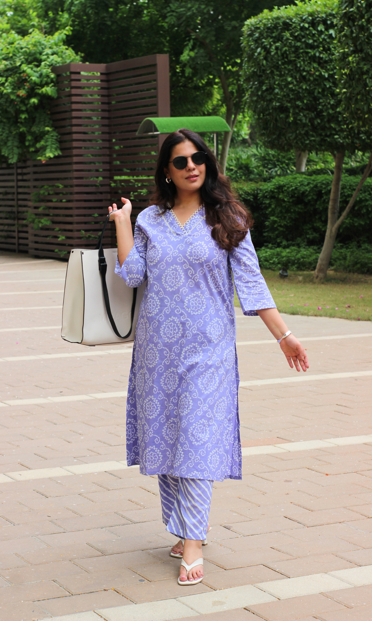 Lavender Bandhani Laced Kurta & Lehariya Pant