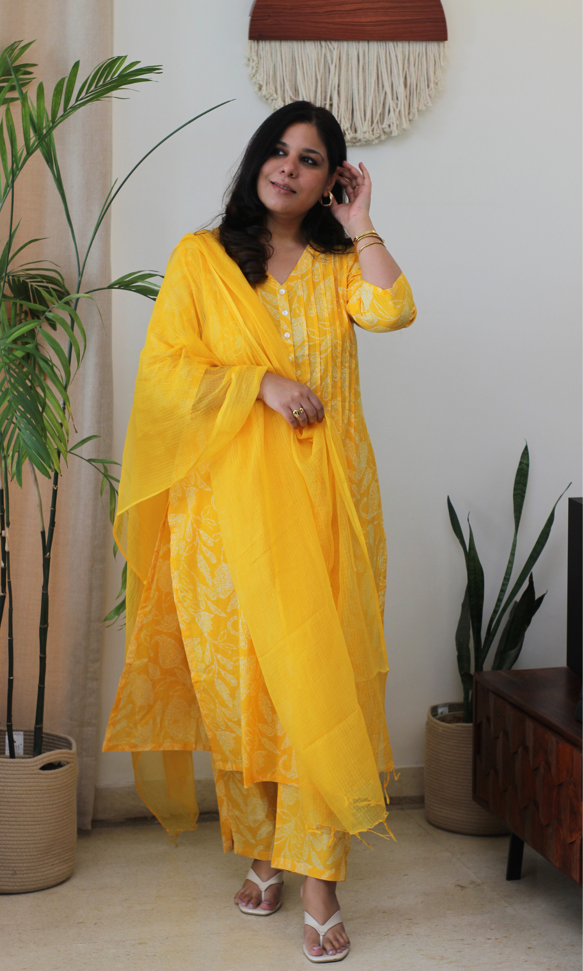 Yellow Paisley Pleated Kurta, Pant & Kota Doria Dupatta