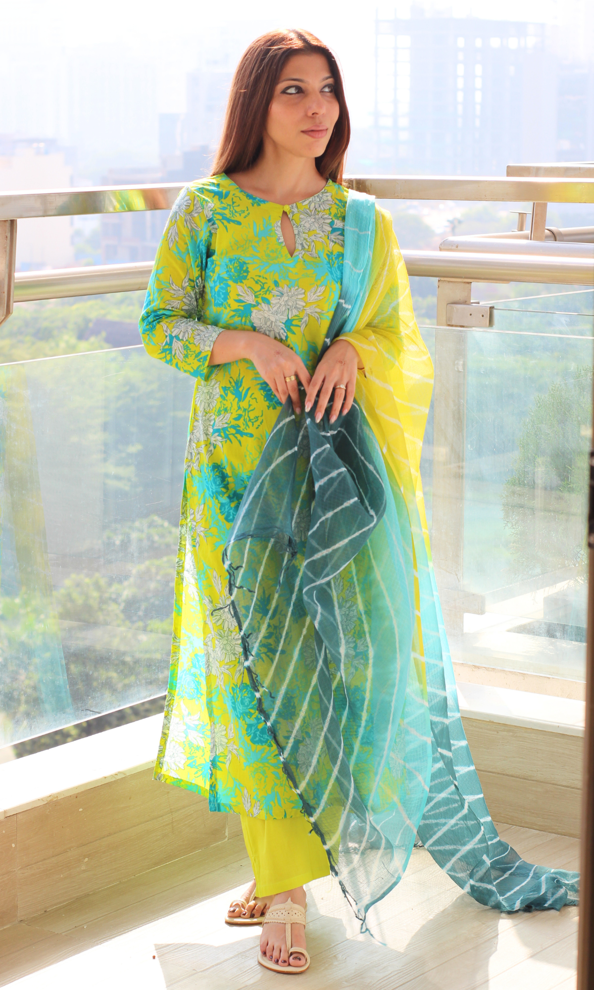Cotton Lime Aqua Floral Print Kurta, Solid Pants & Lehariya Kota Dupatta