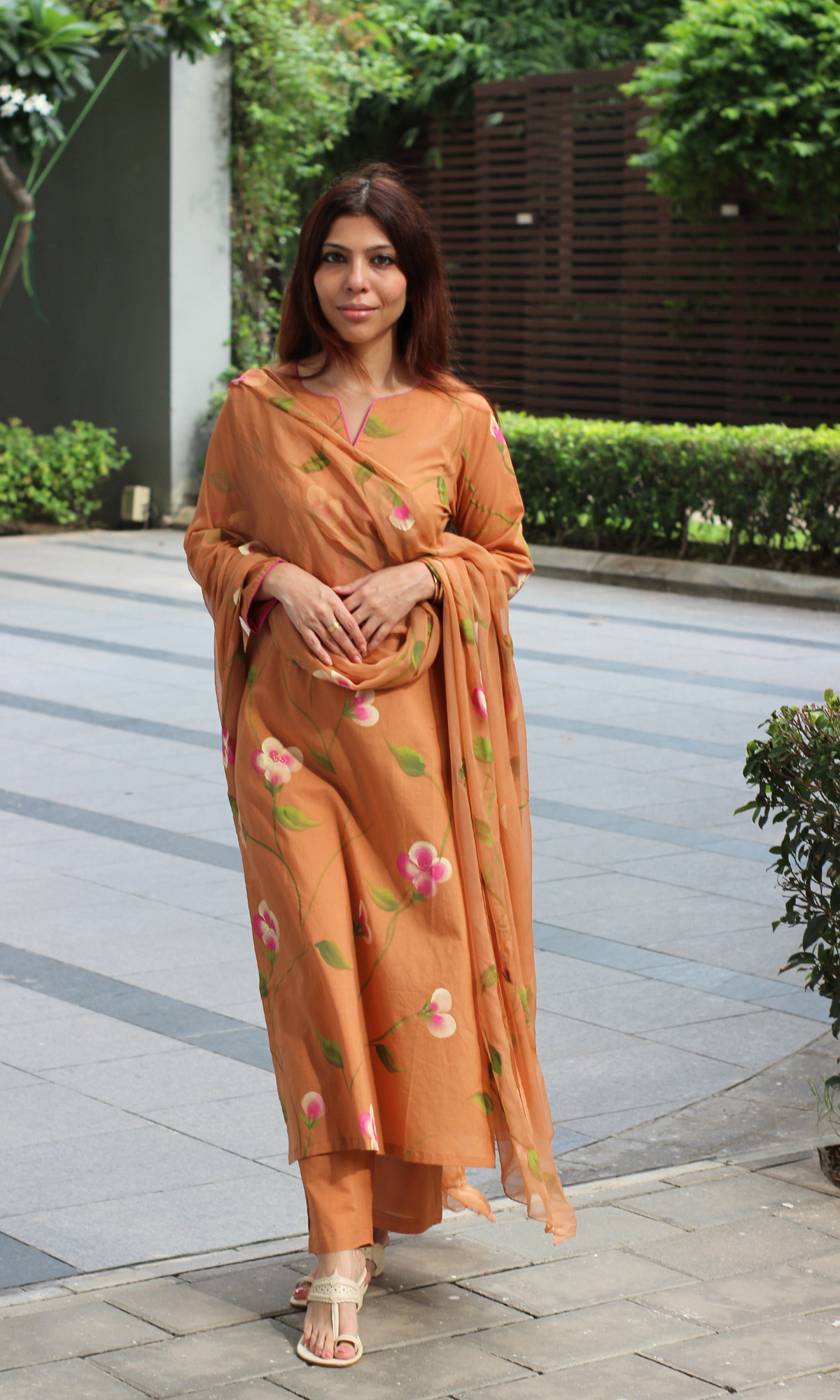 Rustic Orchid Hand Brush Painted Cotton Kurta, Pant & Hand Painted Chiffon Dupatta